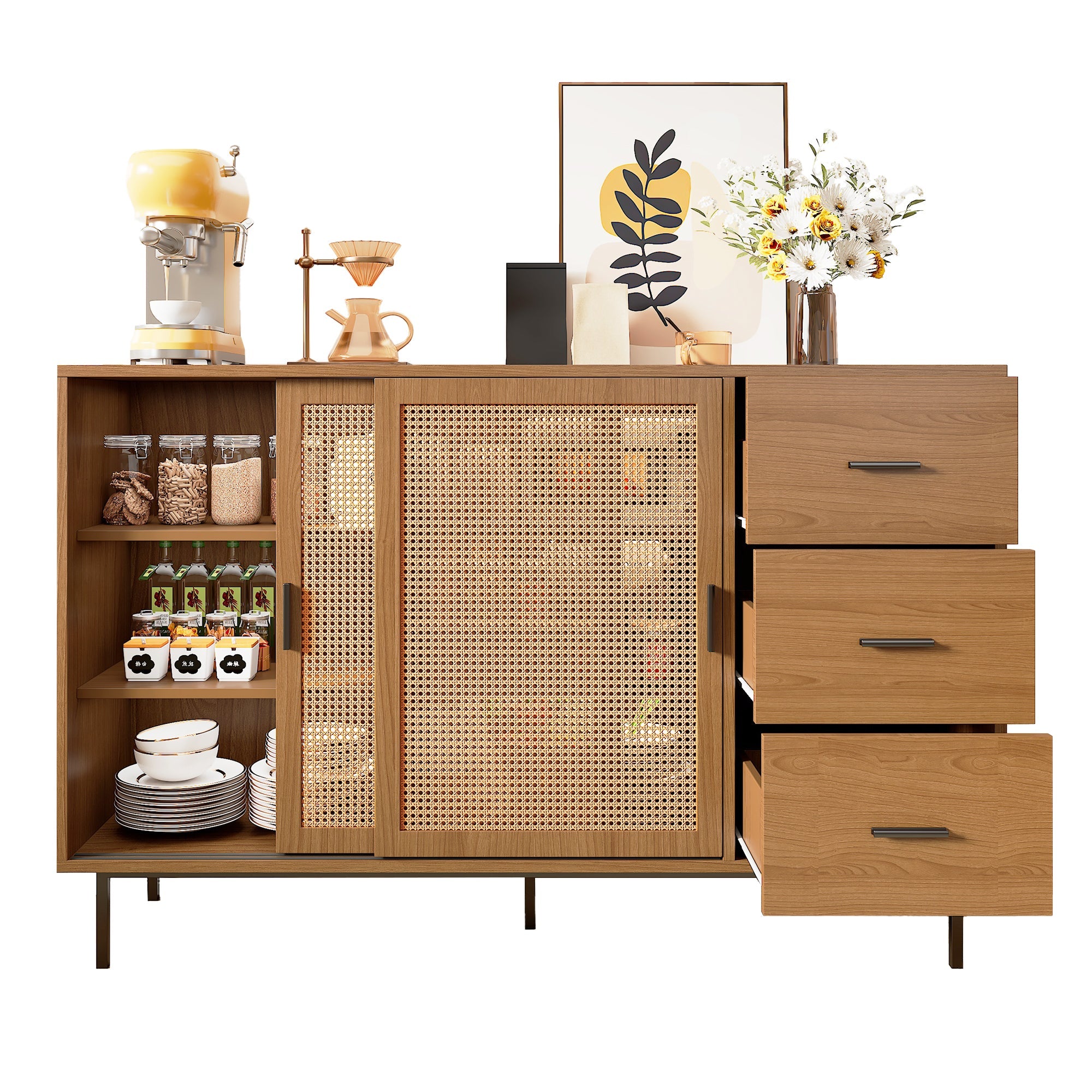 Logidon dressoir naturel 140x37x91cm met 2 schuifdeuren en 3 lades