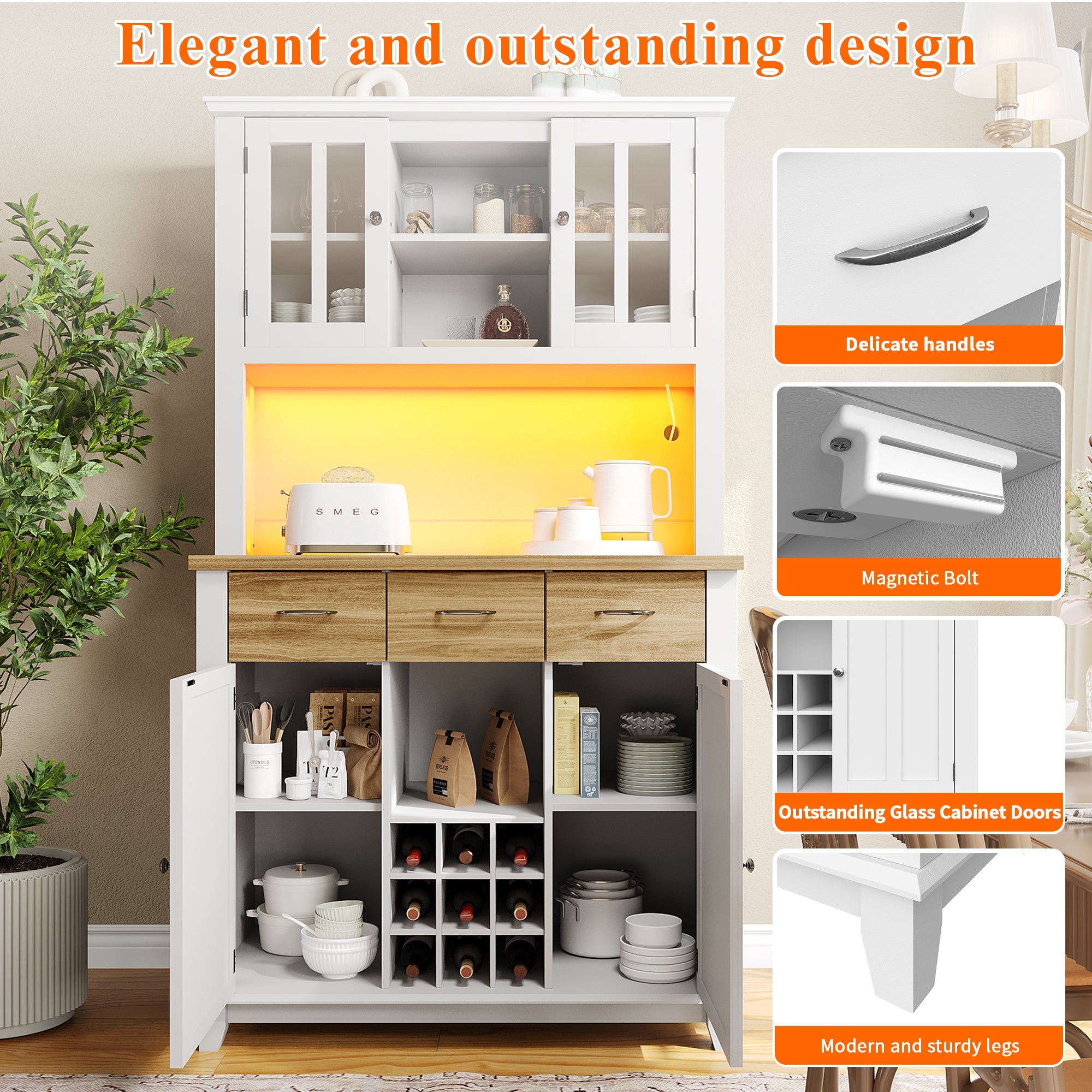 Logidon keukenkast vitrinekast 106x40x179cm met LED licht naturel wit