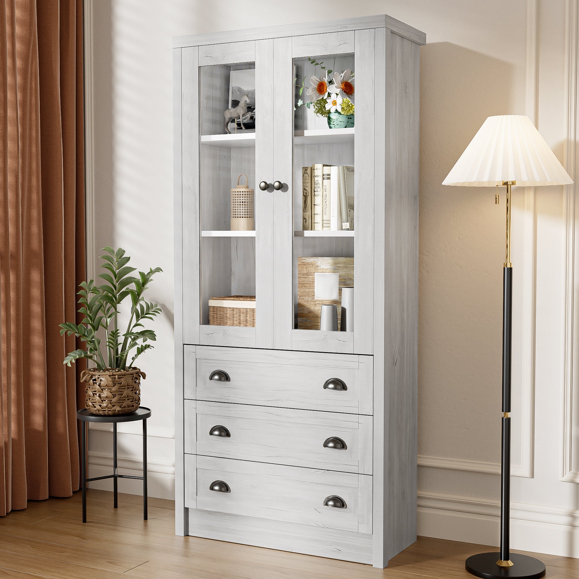 Logidon Modern highboard 80x34x171 cm wood look glass doors copper handles