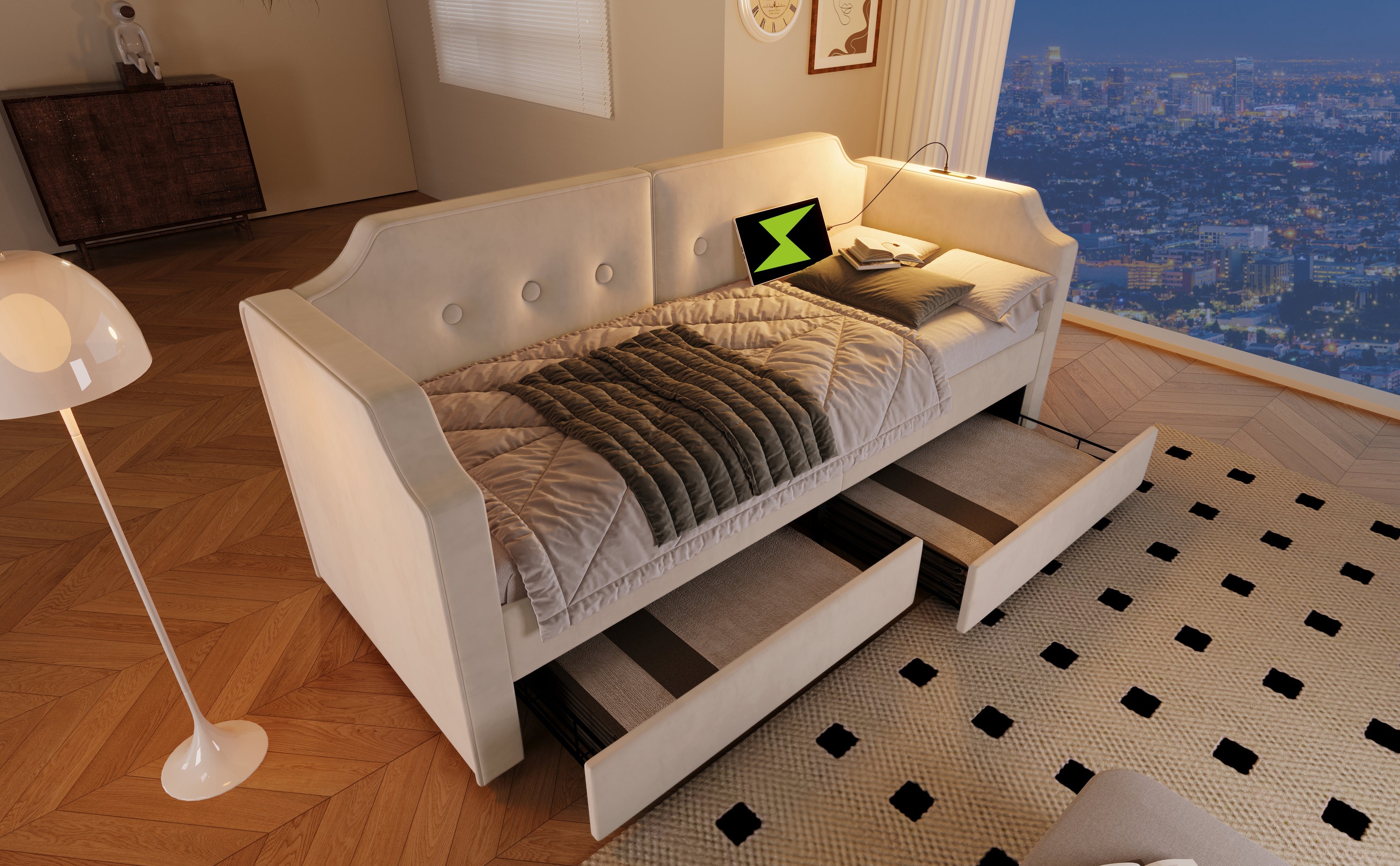 Logidon gestoffeerd bed 90x200 cm beige fluweel met USB-C oplaadpunt leeslampje