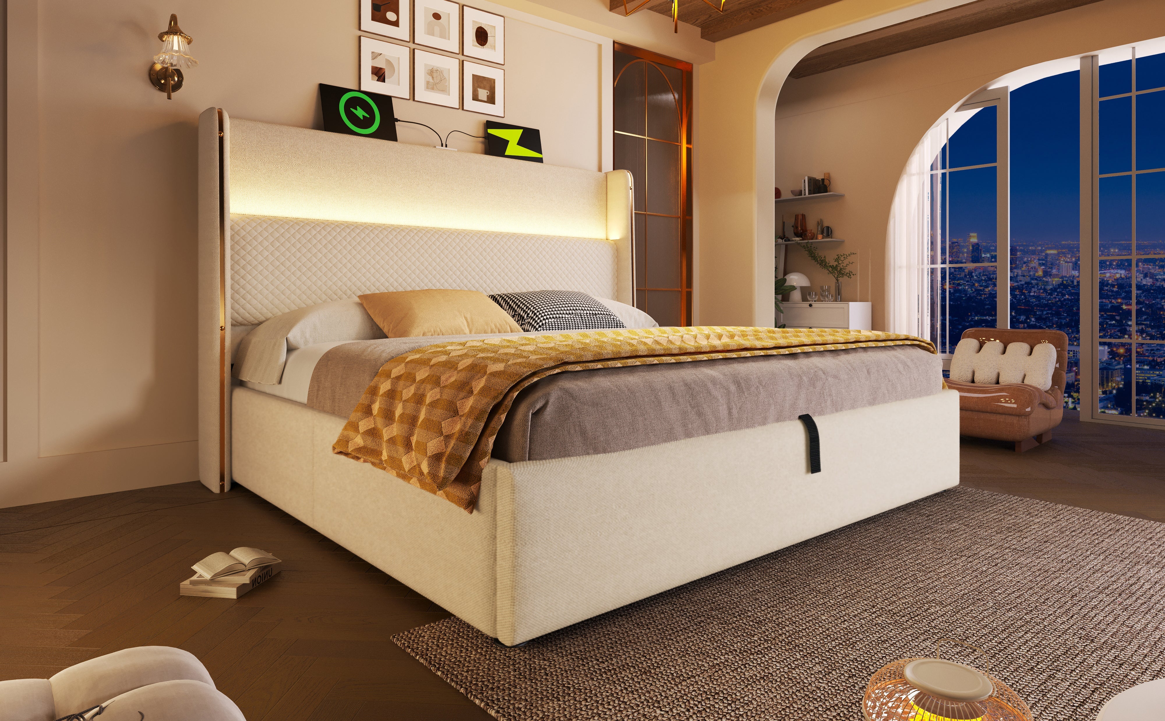 Logidon hydraulisch bed 140x200 beige linnenlook met LED