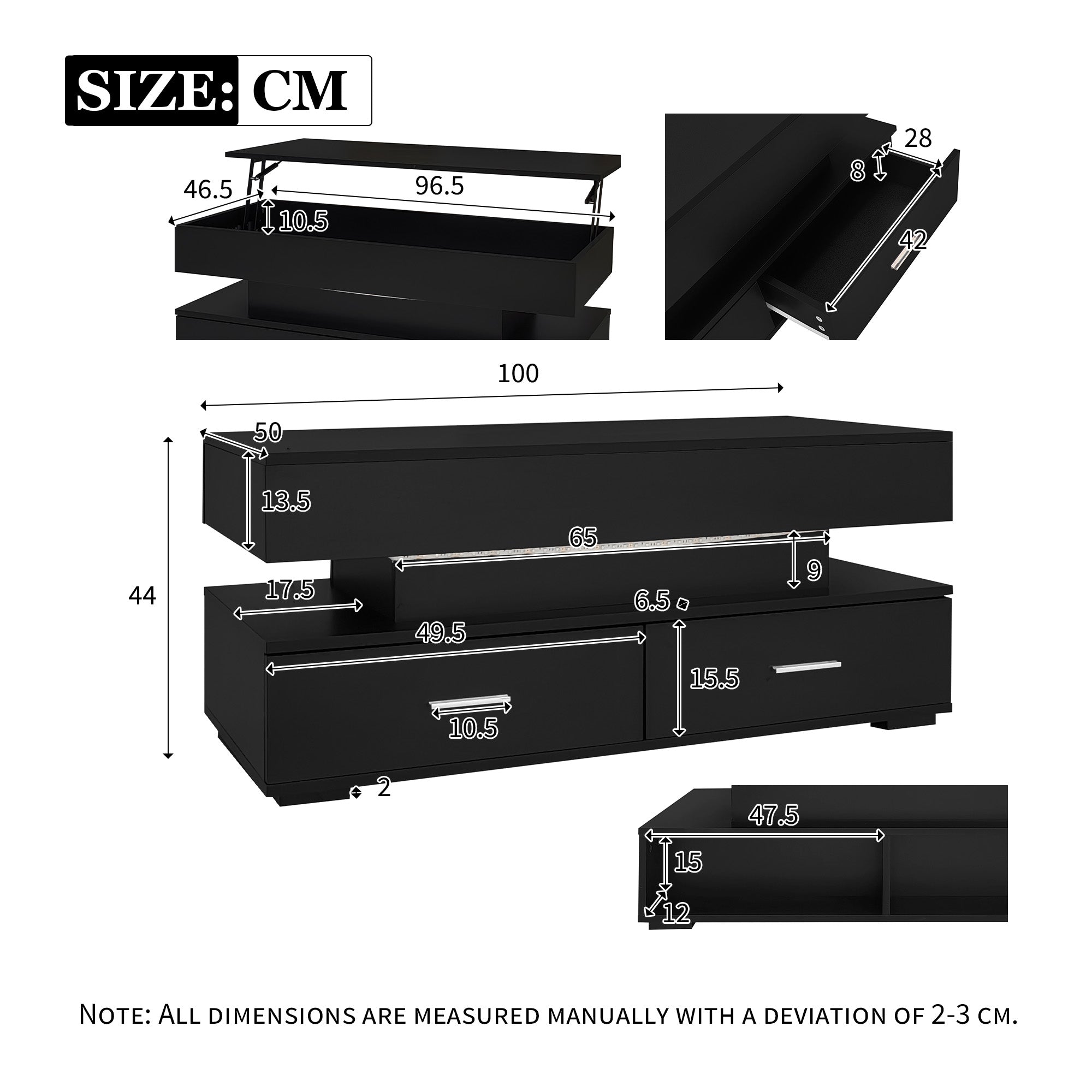 Logidon Verstelbare Salontafel 100x50x44 cm Zwart LED Verlichting