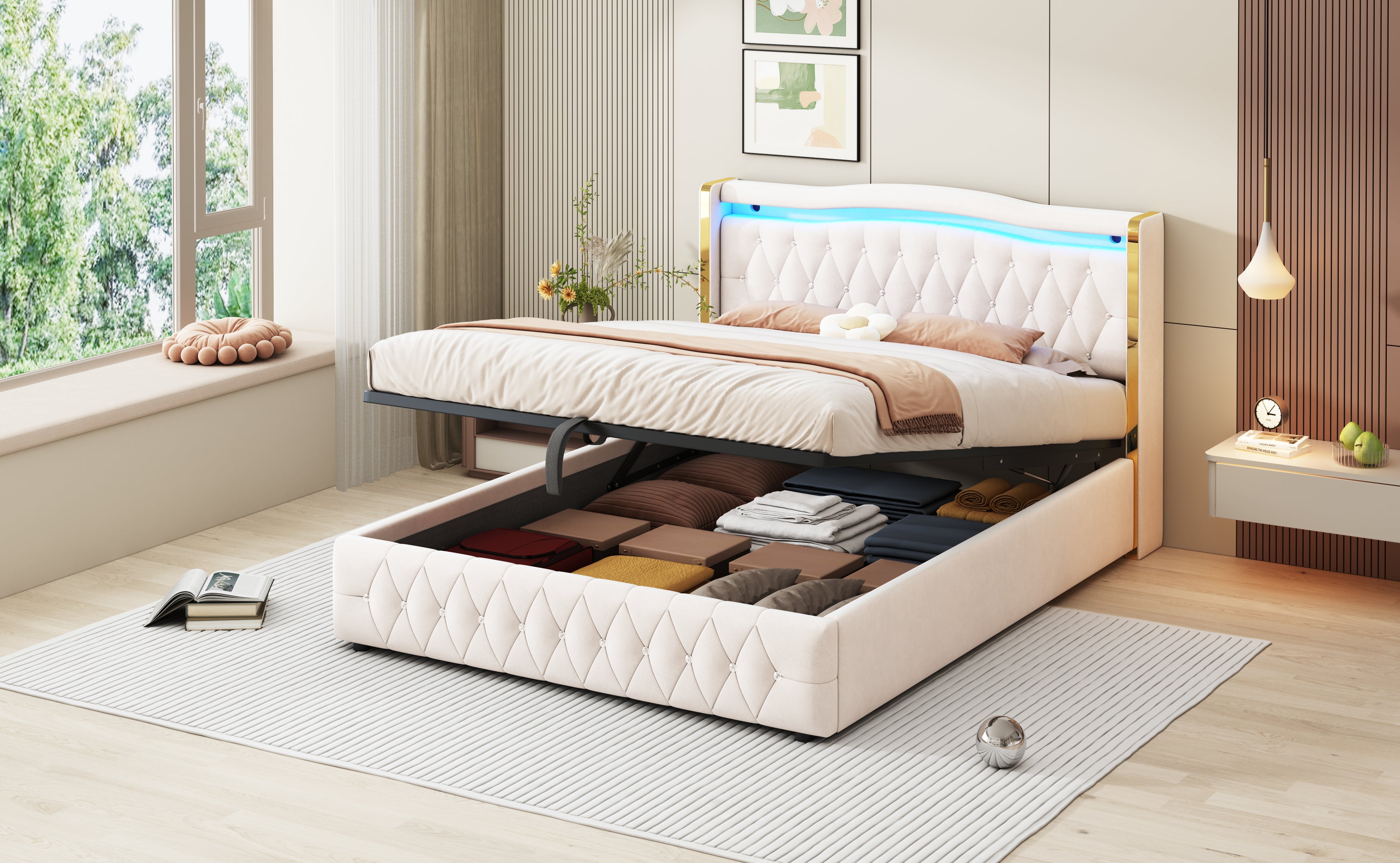 Logidon stoffen bed 160x200 beige fluweel LED-opbergruimte