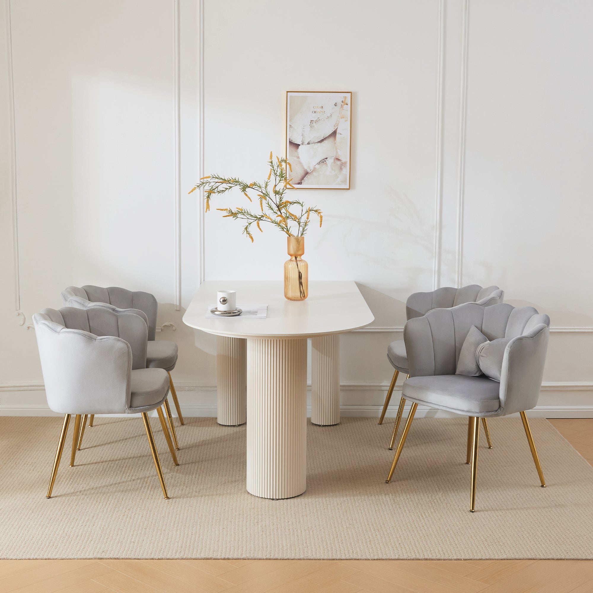 Logidon Four Modern Velvet Chairs Gray With Leaf Back Gold Legs