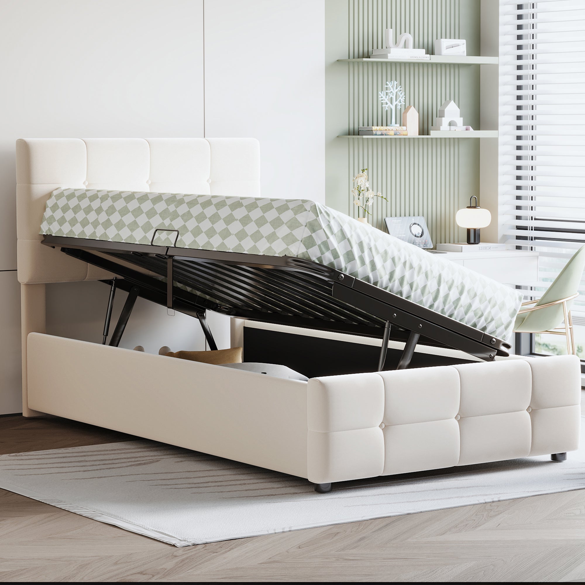 Logidon gestoffeerd bed 90x200cm beige fluwelen stof hydraulische opbergruimte