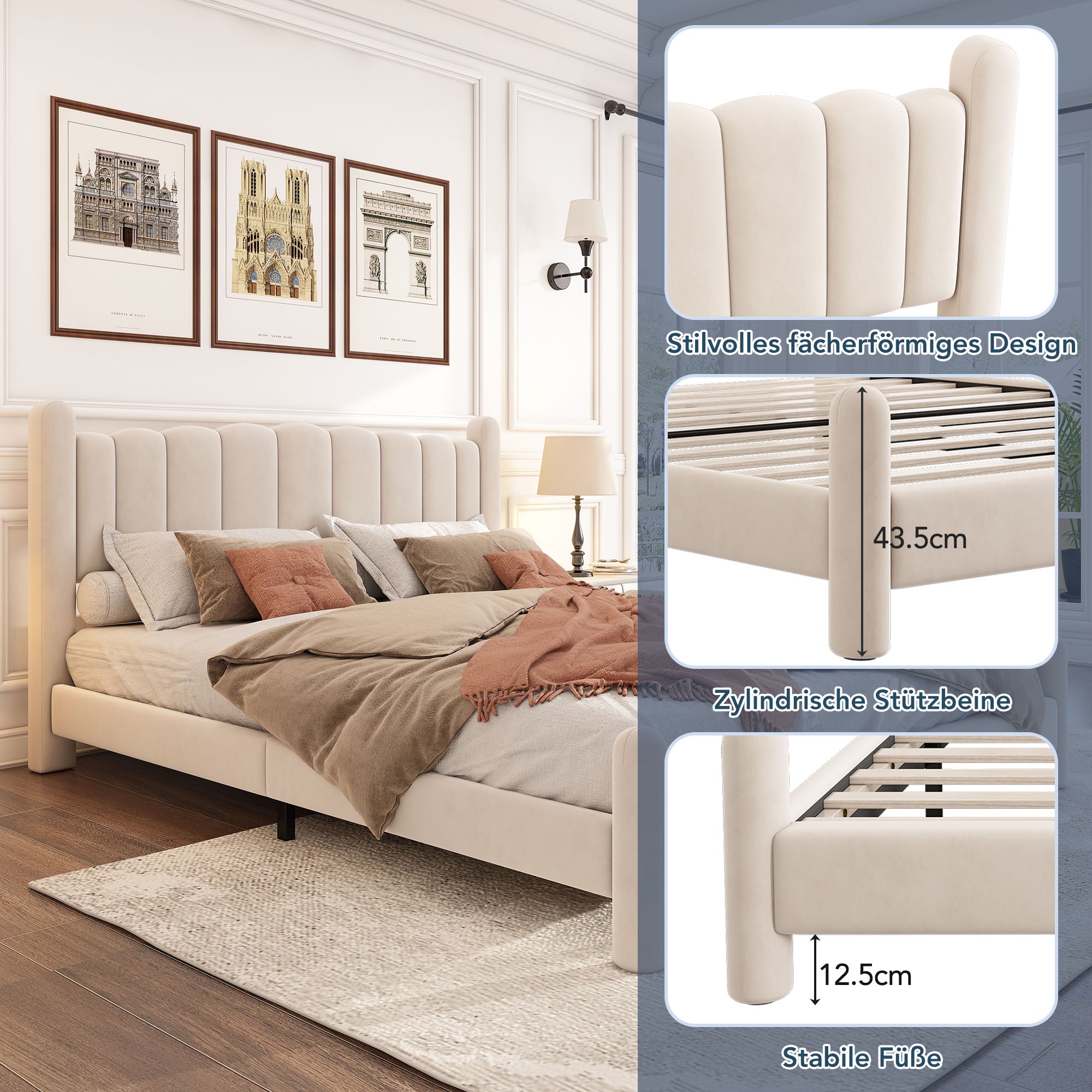 Logidon gestoffeerd bed 160x200 beige fluweel waaierhoofdeinde lattenbodem