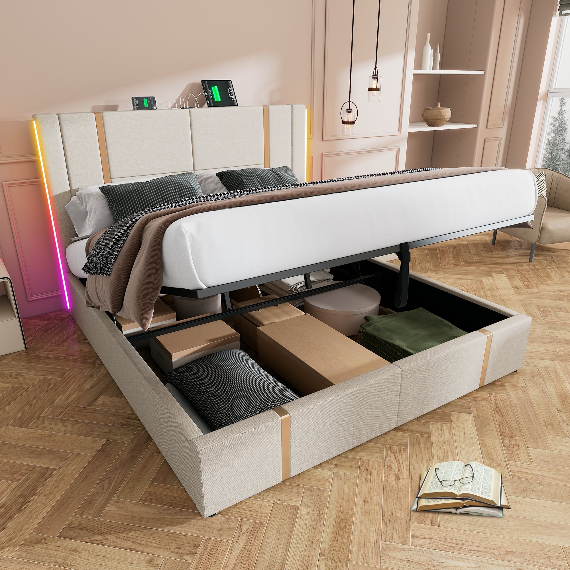 Logidon upholstered bed 160x200 USB C charging function APP control LED beige linen