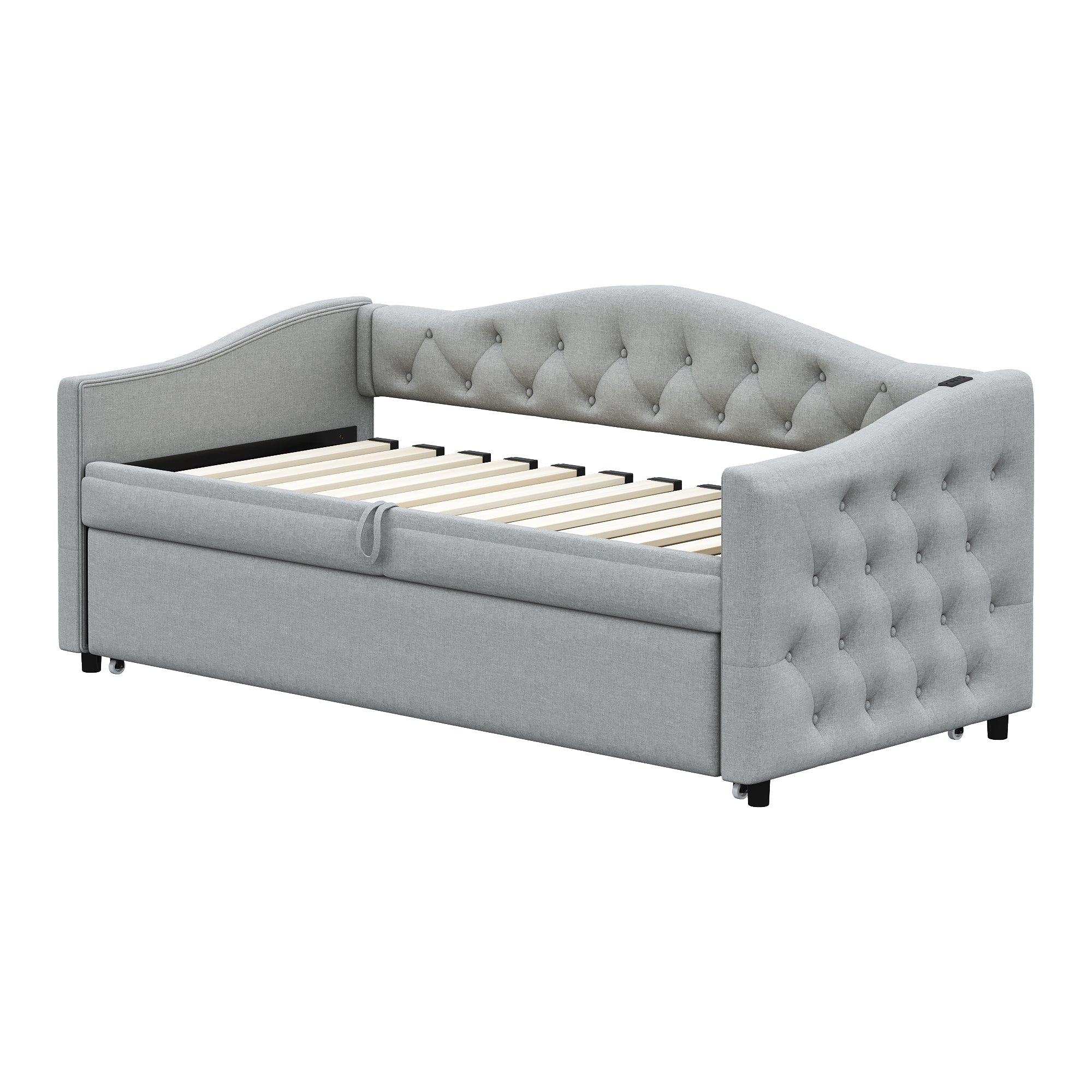 Logidon Upholstered Bed Extendable Sofa Bed 90x200 Gray Linen Fabric USB