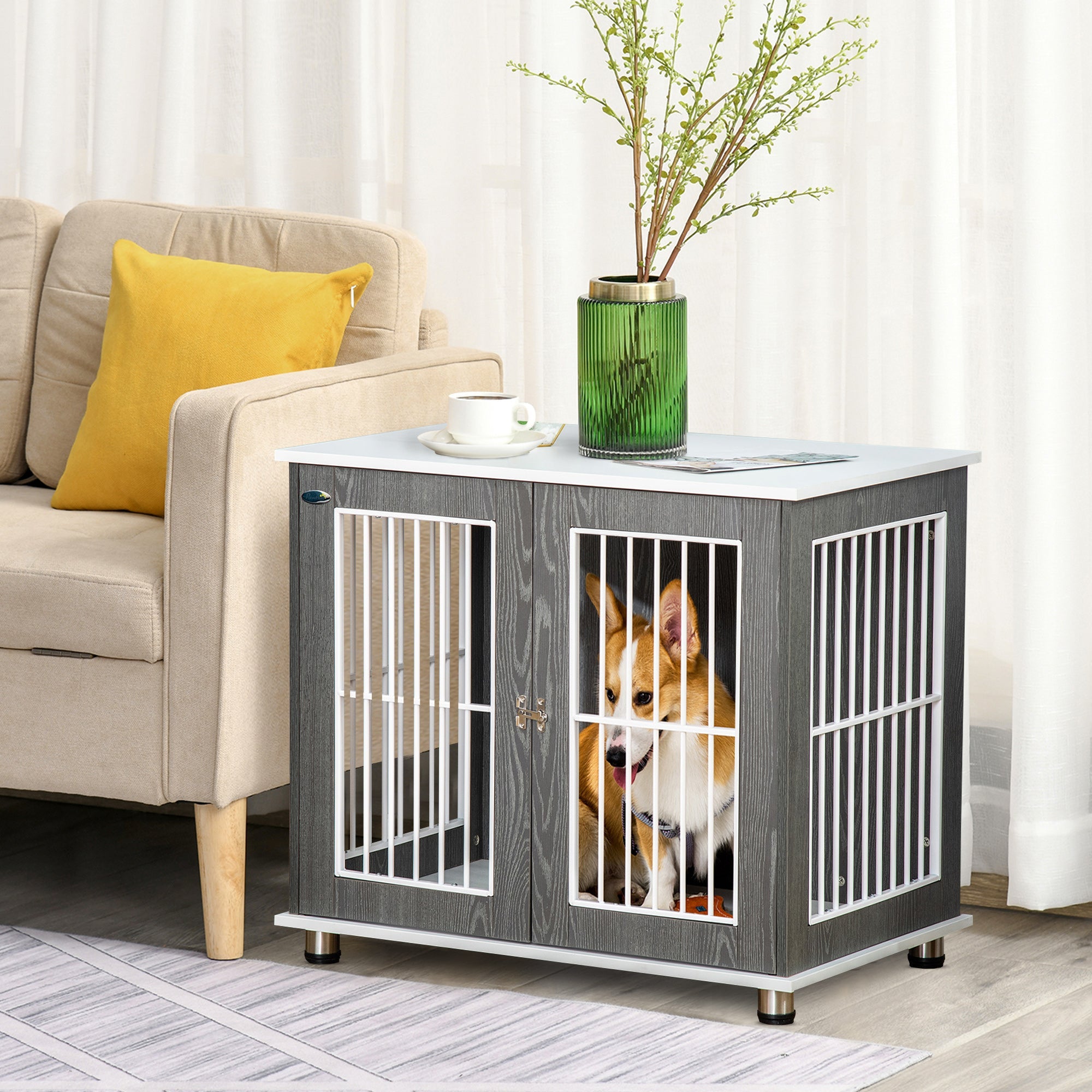 Logidon Hondenkennel Hout Grijs Wit Transportbox Tafelkussen 85x55x75