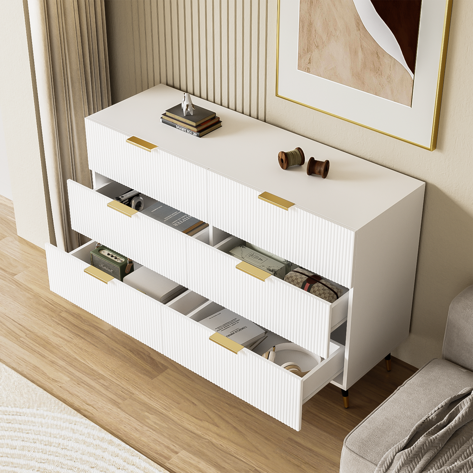 Logidon Elegant sideboard white 120x40x77 cm 6 drawers gold accents