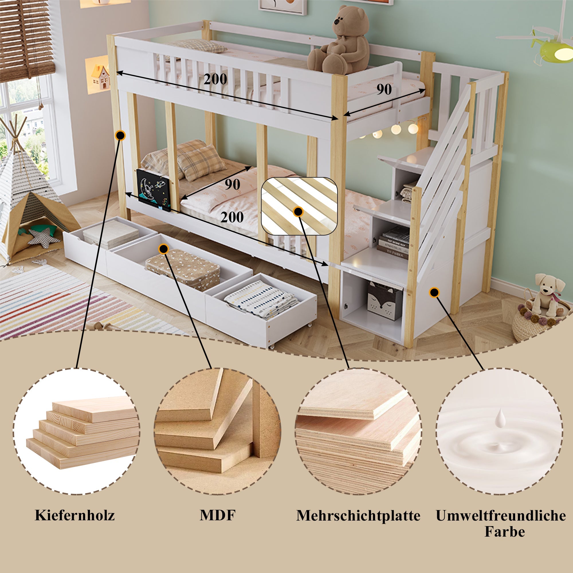 Logidon stapelbed kinderhoogslaper met trapkast opbergruimte 90x200