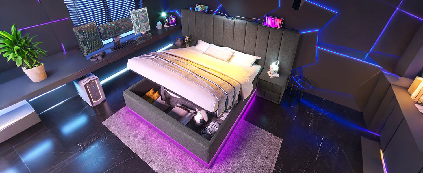 Logidon gestoffeerd bed 160x200 grijs met opbergruimte LED app bediening