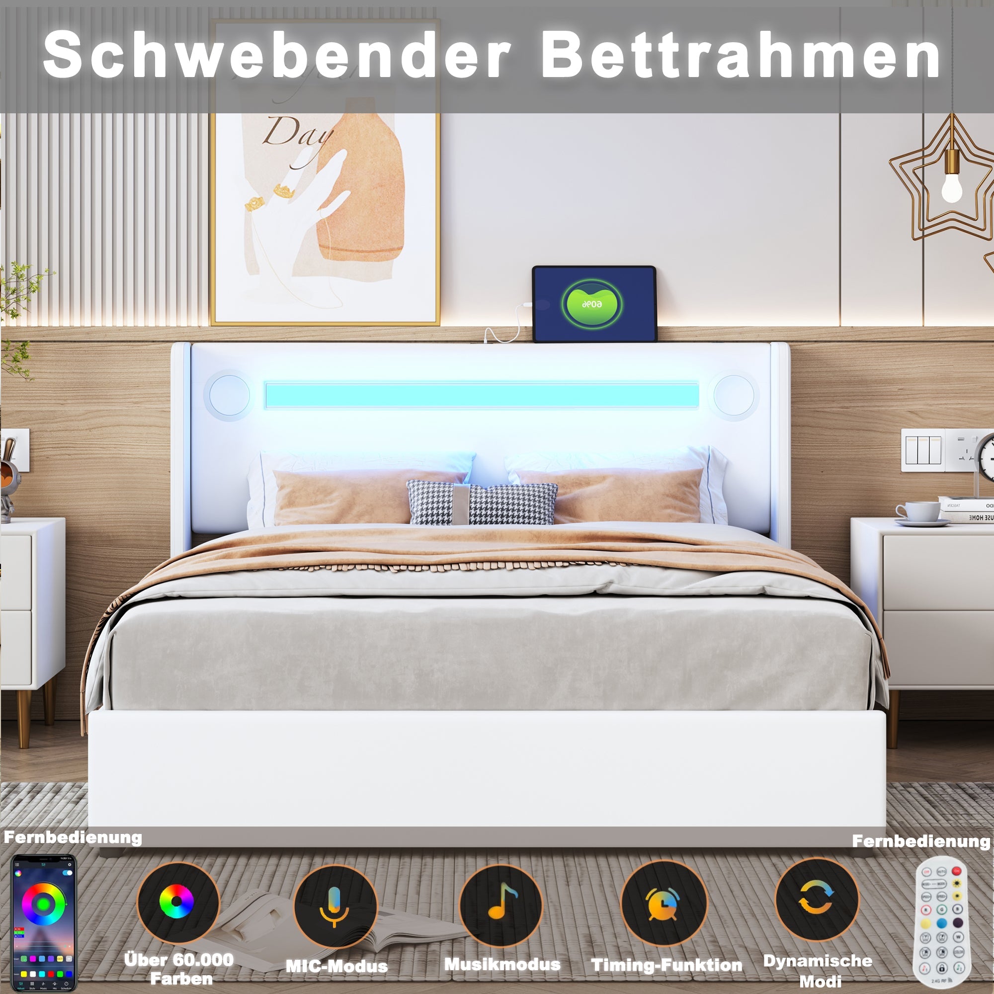 Logidon gestoffeerd bed 140x200 wit LED-licht USB Bluetooth opbergruimte