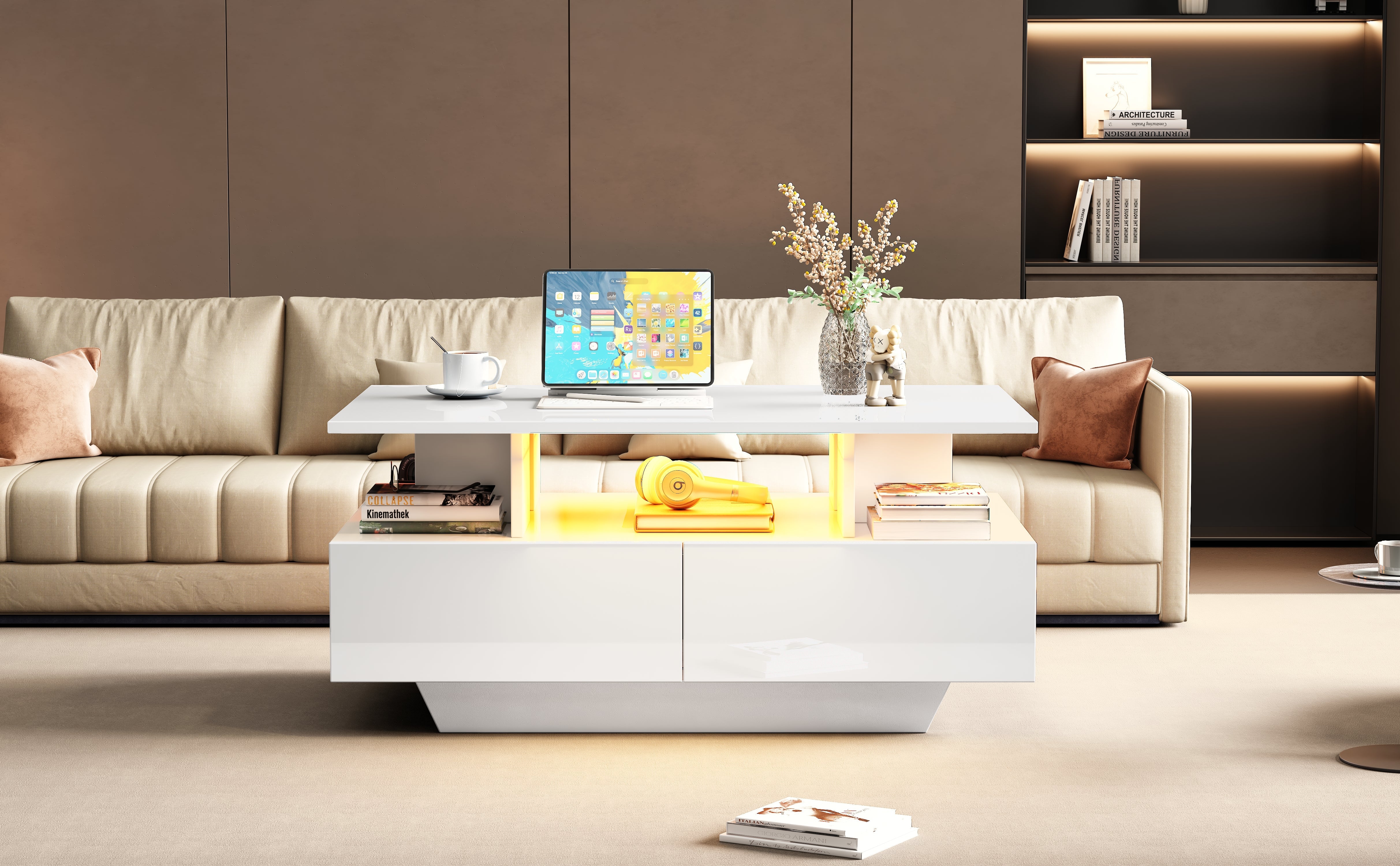 Logidon hoogglans salontafel LED, 2 lades, 90x55x41 cm wit