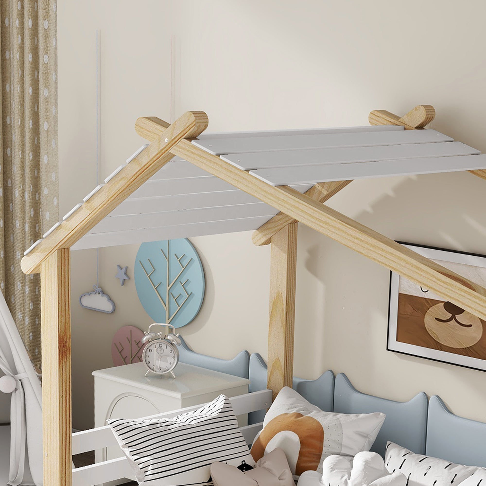 Logidon children's bed 90x200 cm white natural - wooden house design slatted frame