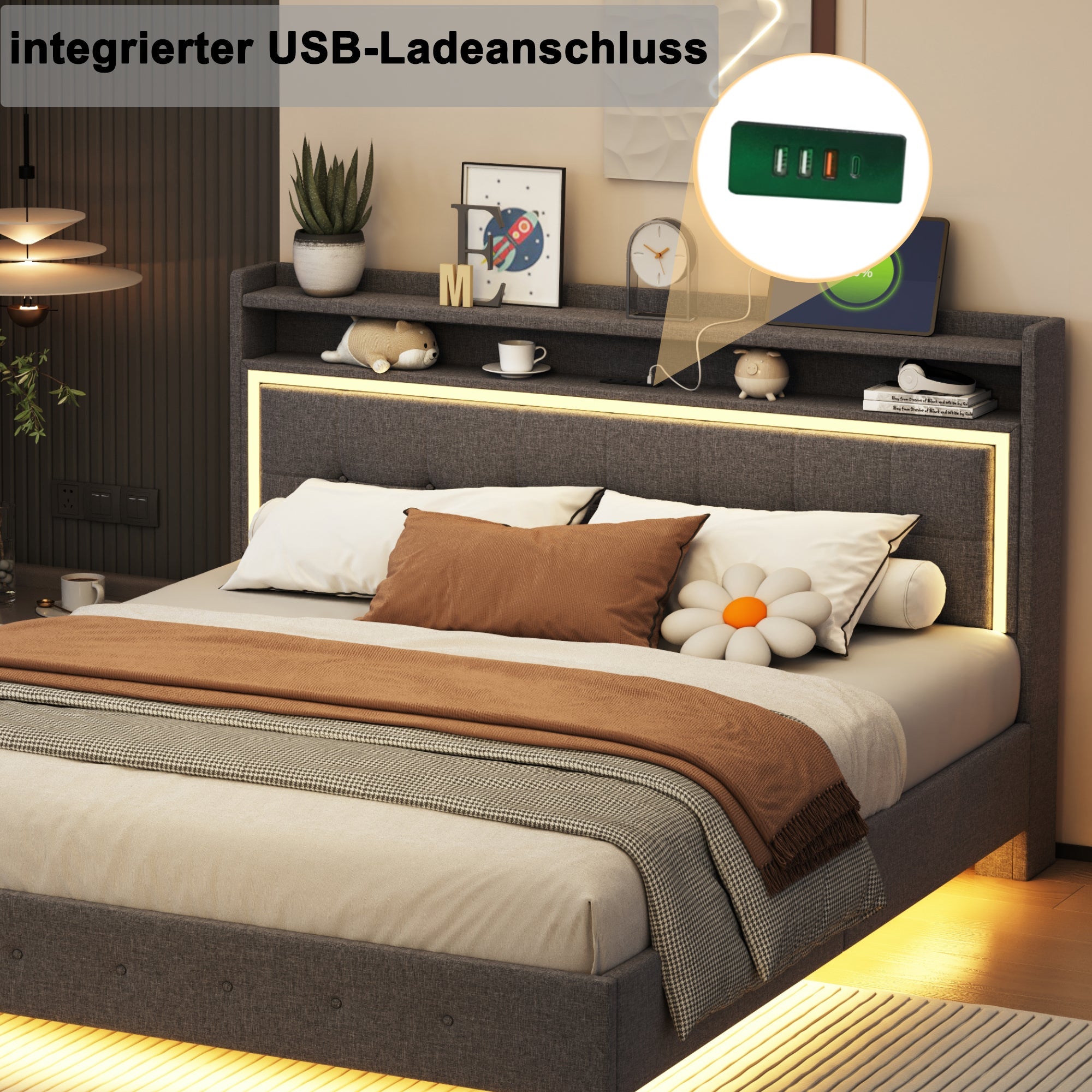 Logidon gestoffeerd bed 160x200 met USB-oplaadfunctie en LED lichtgrijs