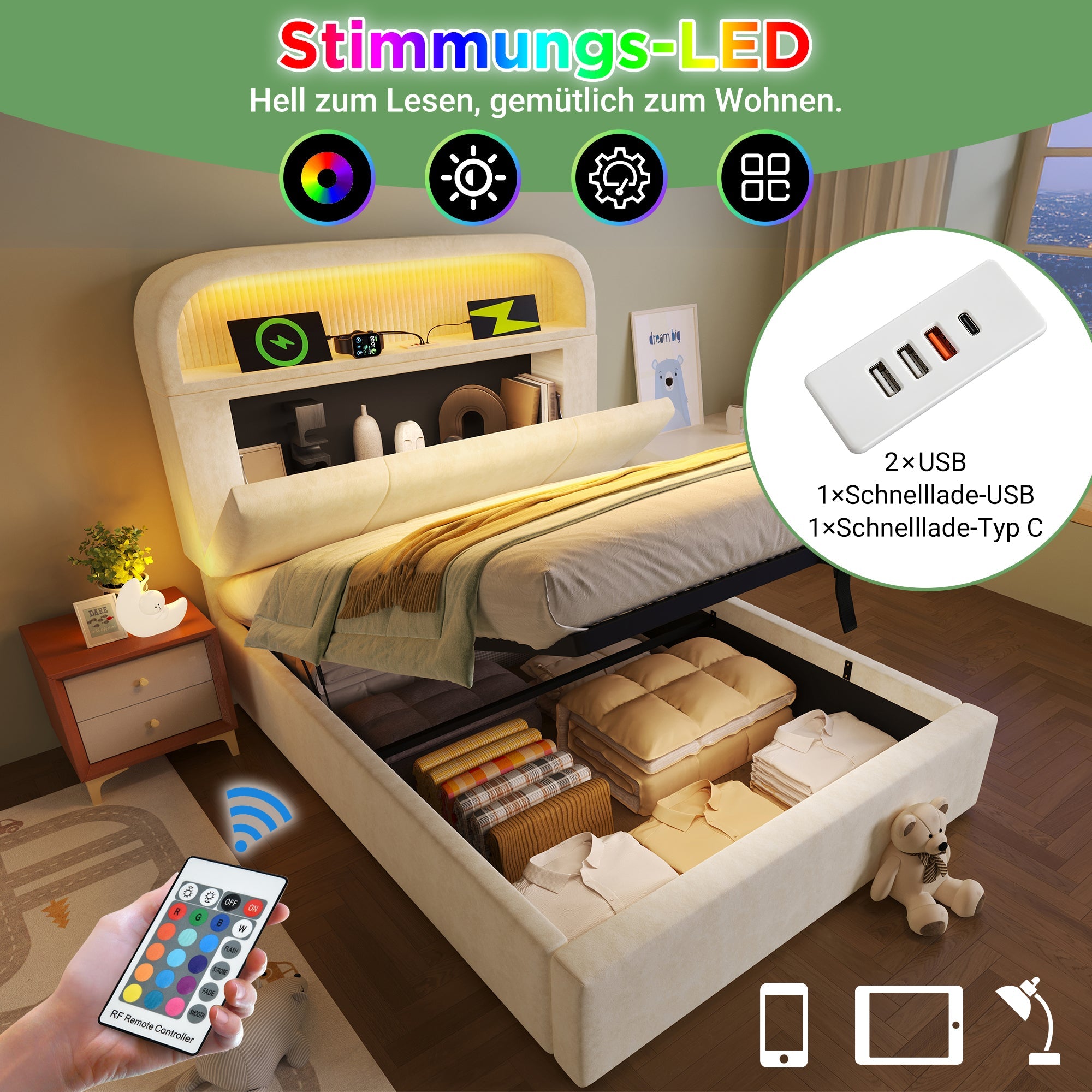 Logidon gestoffeerd bed 90x200 cm beige fluweel met opbergruimte hoofdbord, LED