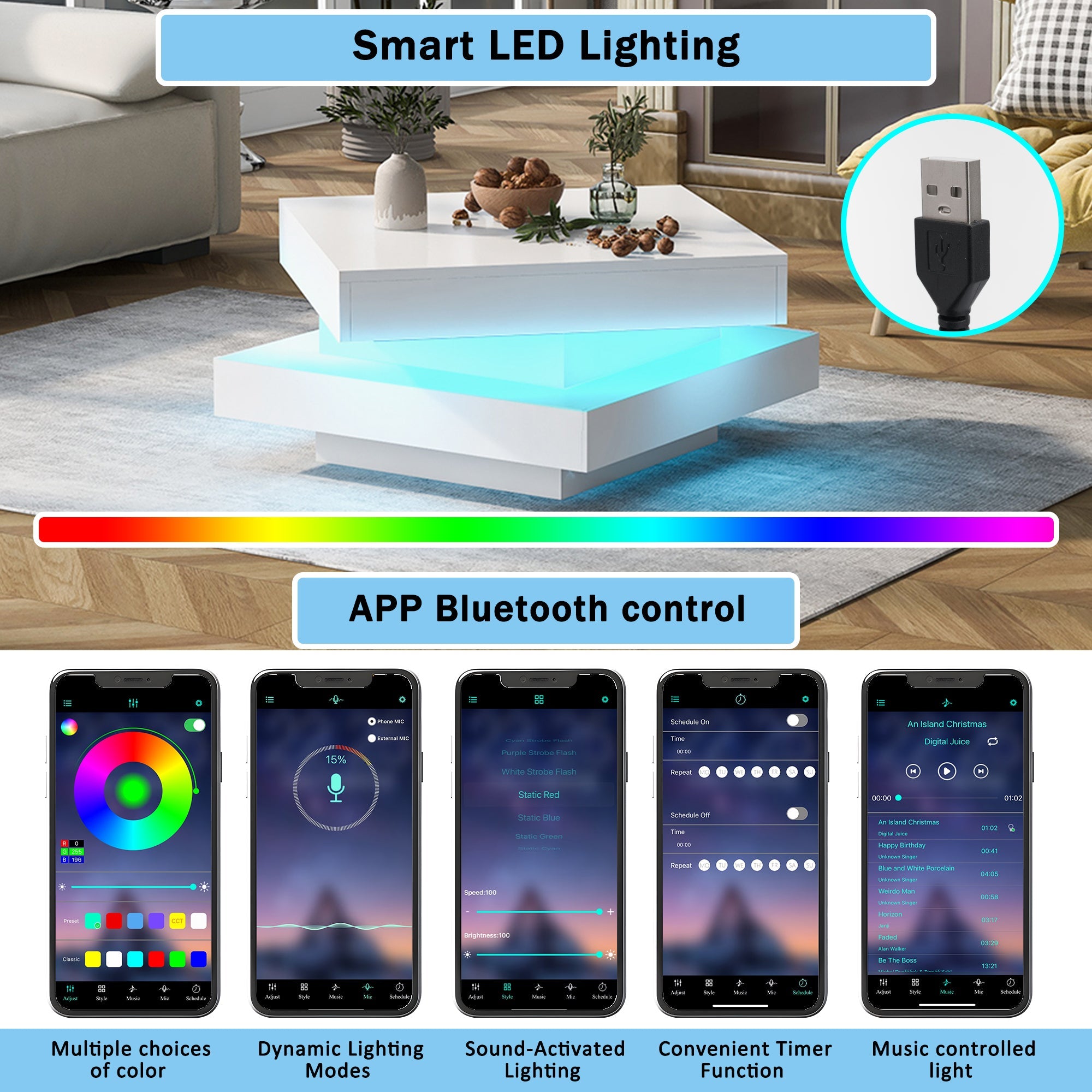 Logidon Vierkante Salontafel Wit LED Verlichting Bluetooth 70x70x36 cm
