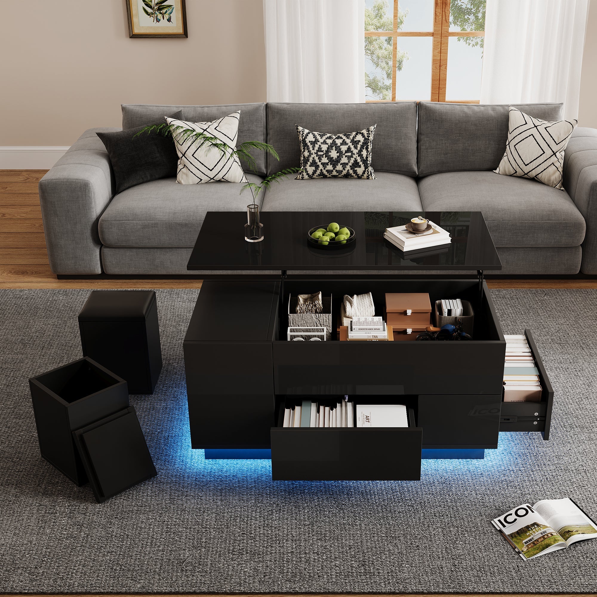 Logidon 4-in-1 in hoogte verstelbare salontafel zwart 100x50x45 cm LED