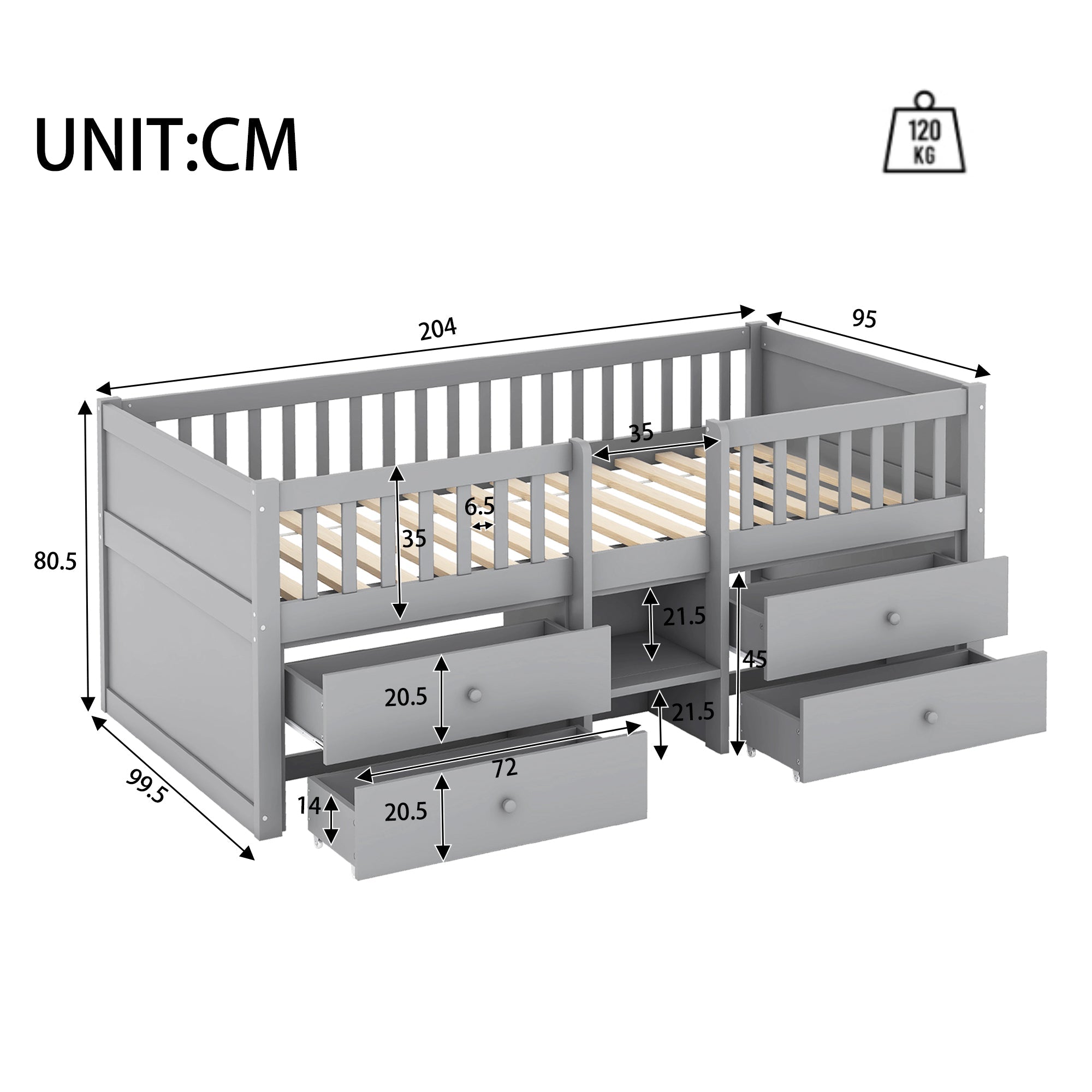 Logidon halfhoogsbed 90x200 grijs met 4 ladenrailing