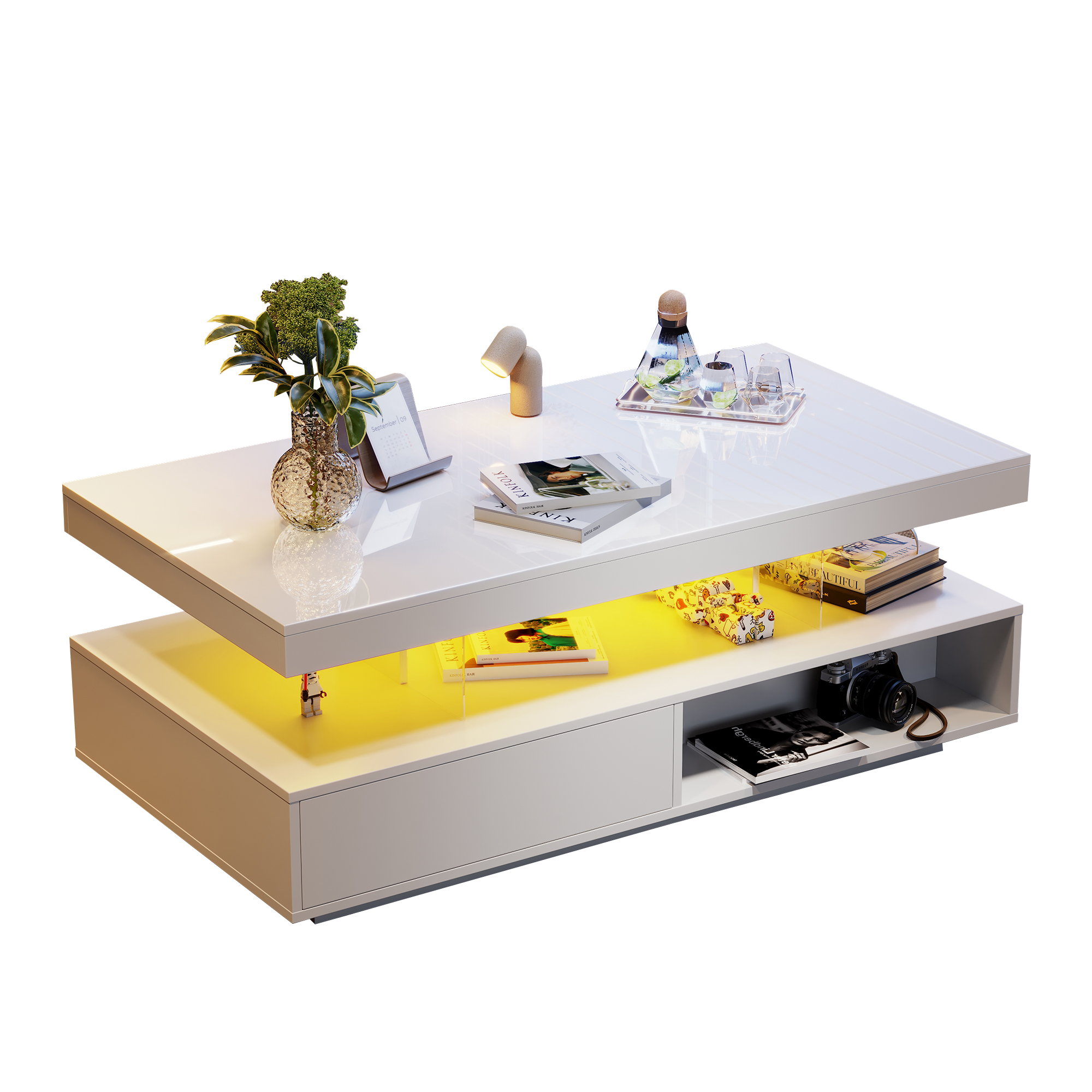 Logidon Witte Hoogglans Salontafel 95x50 cm Met Glazen Bladen