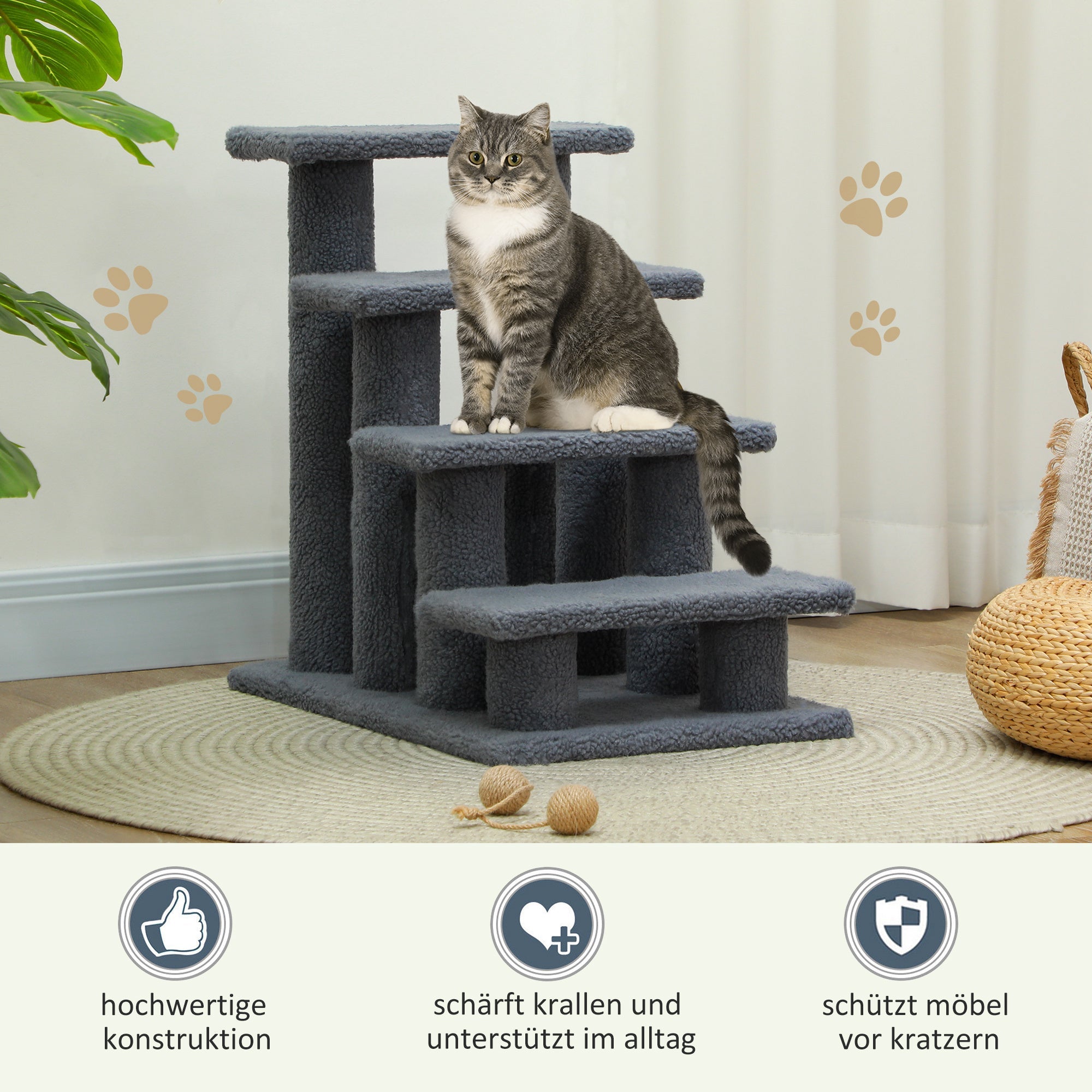 Logidon Kattentrap Hondentrap 4 treden Grijs 63x43x60 cm met pluche