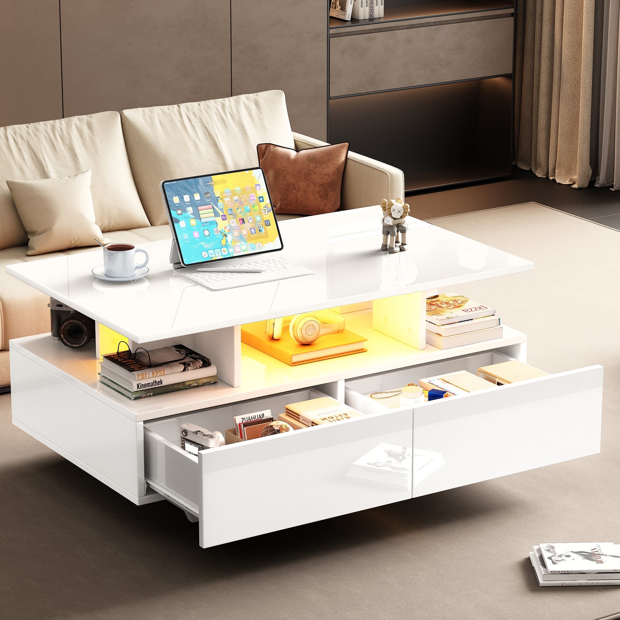 Logidon hoogglans salontafel LED, 2 lades, 90x55x41 cm wit