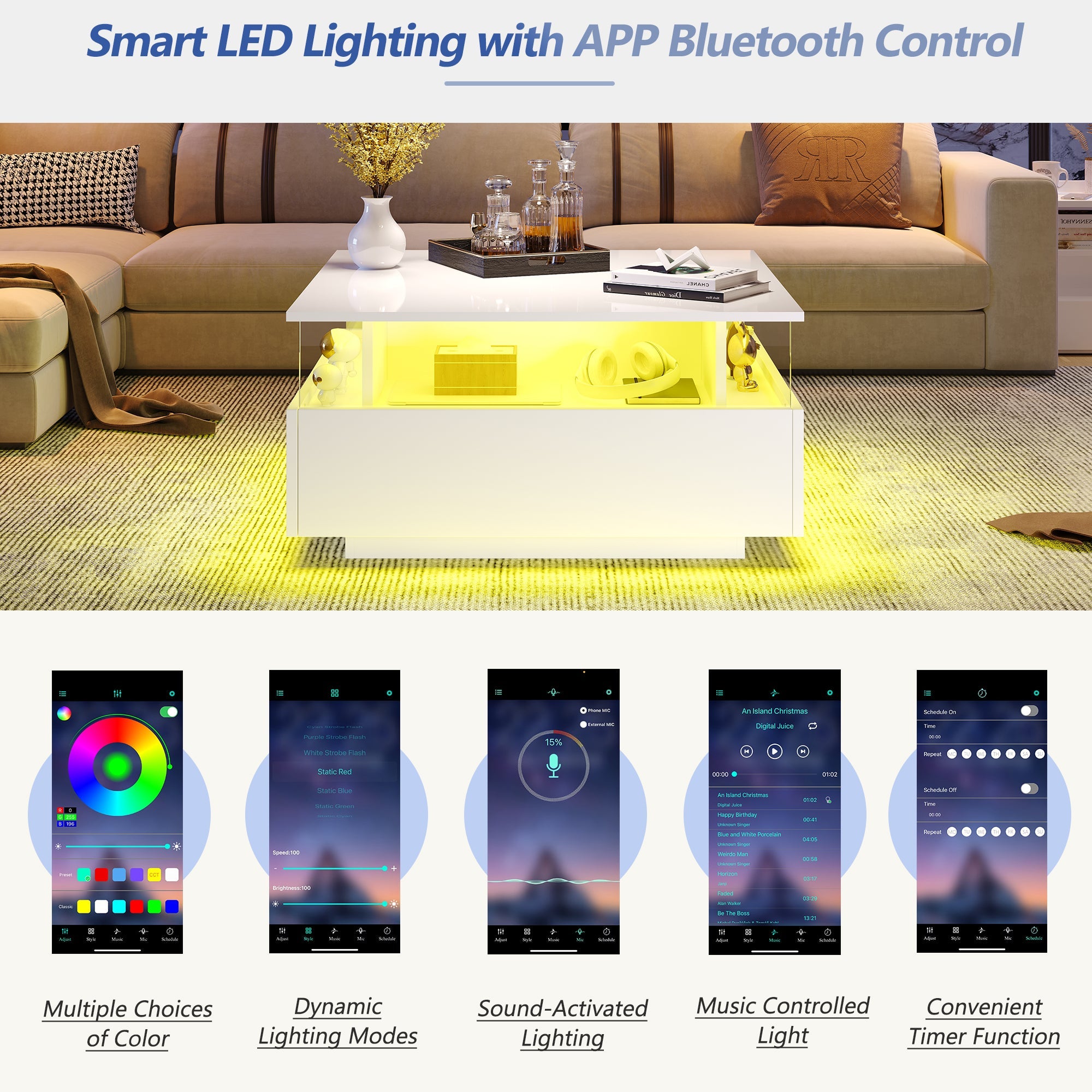 Logidon witte hoogglans salontafel 70x70x41 cm met LED-verlichting