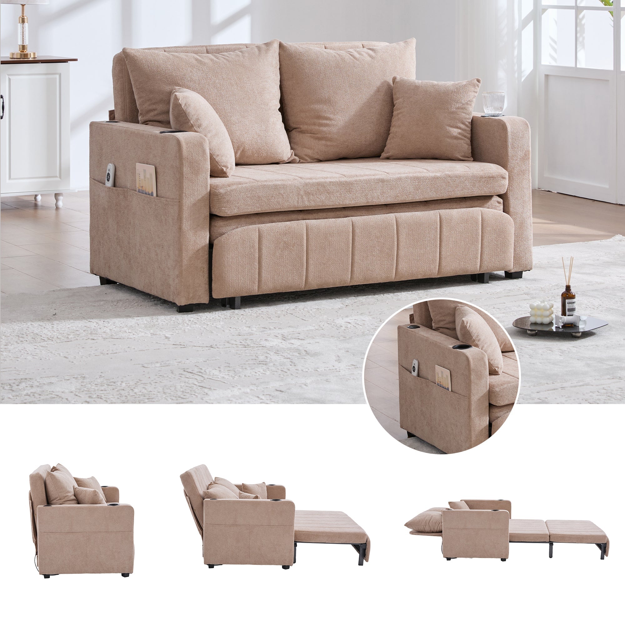 Logidon multifunctionele stoffen bank Khaki Velvet met USB-oplaadfunctie