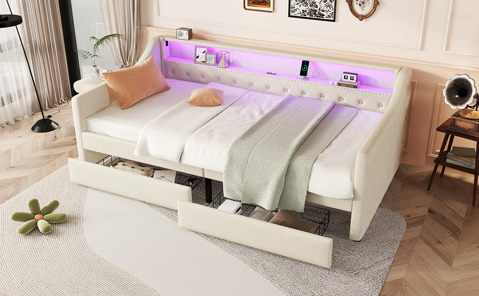 Logidon Daybed 90x200 beige slaapbank met lattenbodem USB-oplaadaansluiting