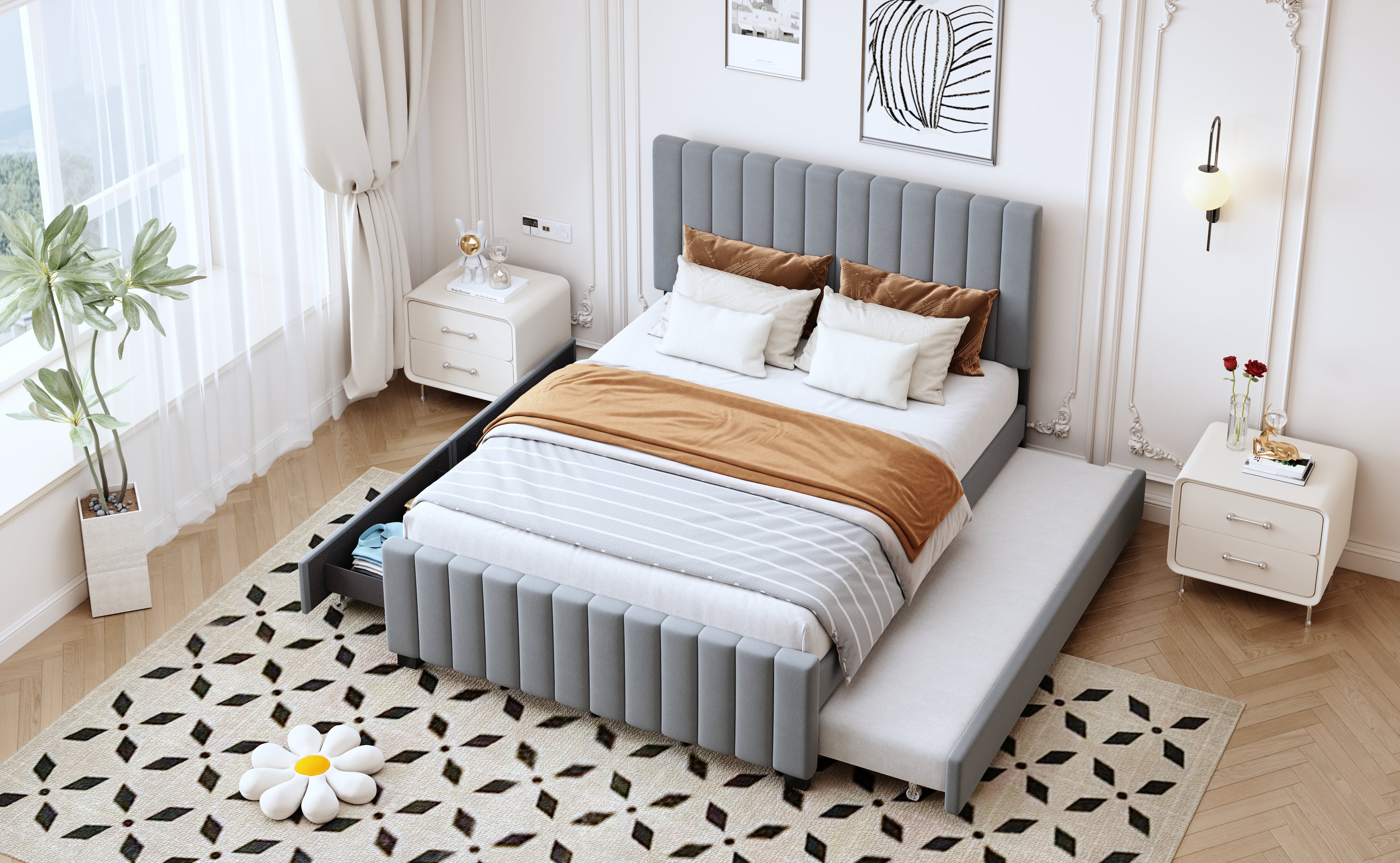 Logidon gestoffeerd bed 140x190 cm uitschuifbaar bed twee laden grijs fluweel