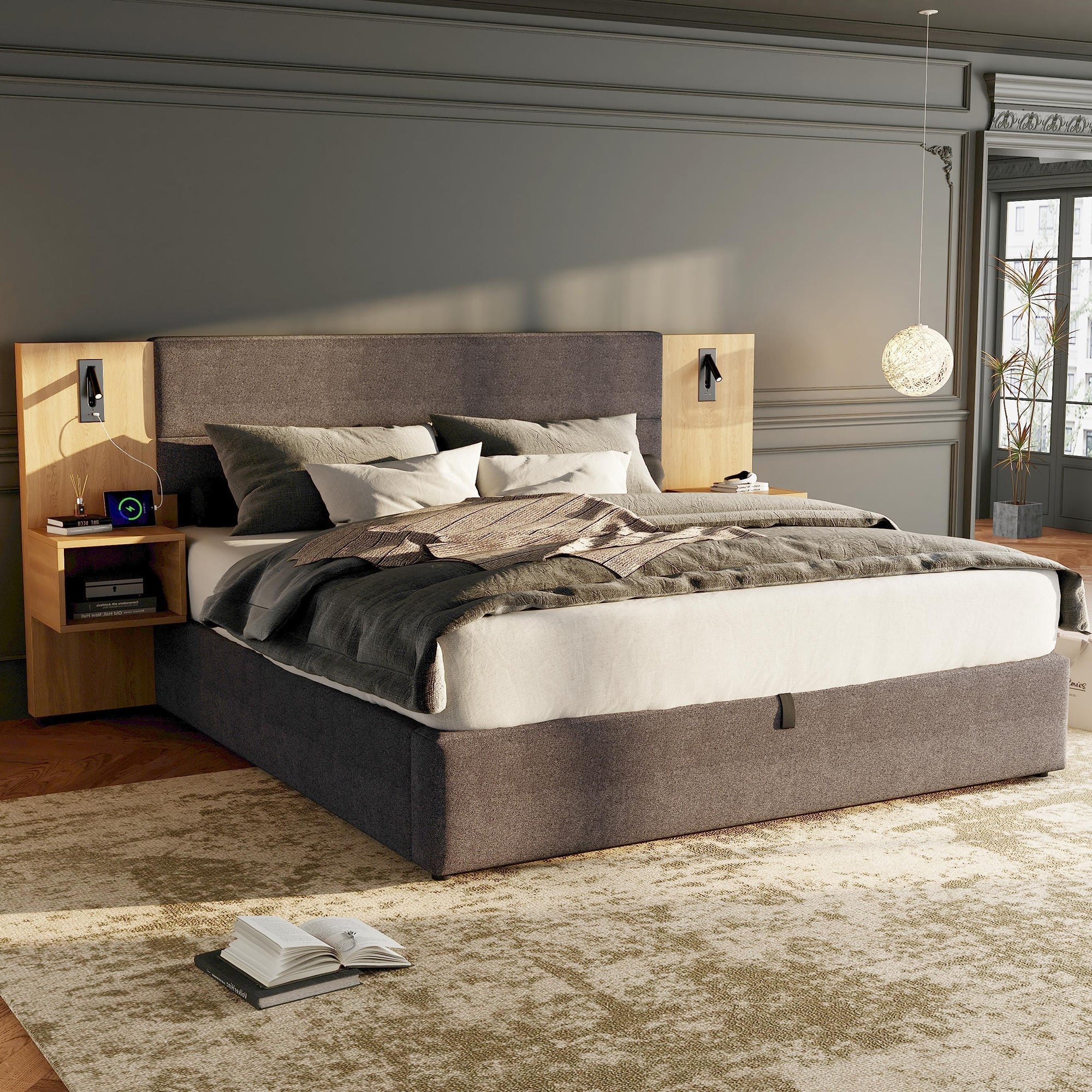 Logidon gestoffeerd bed 160x200 cm fluweelgrijs USB-oplaadfunctie opbergruimte