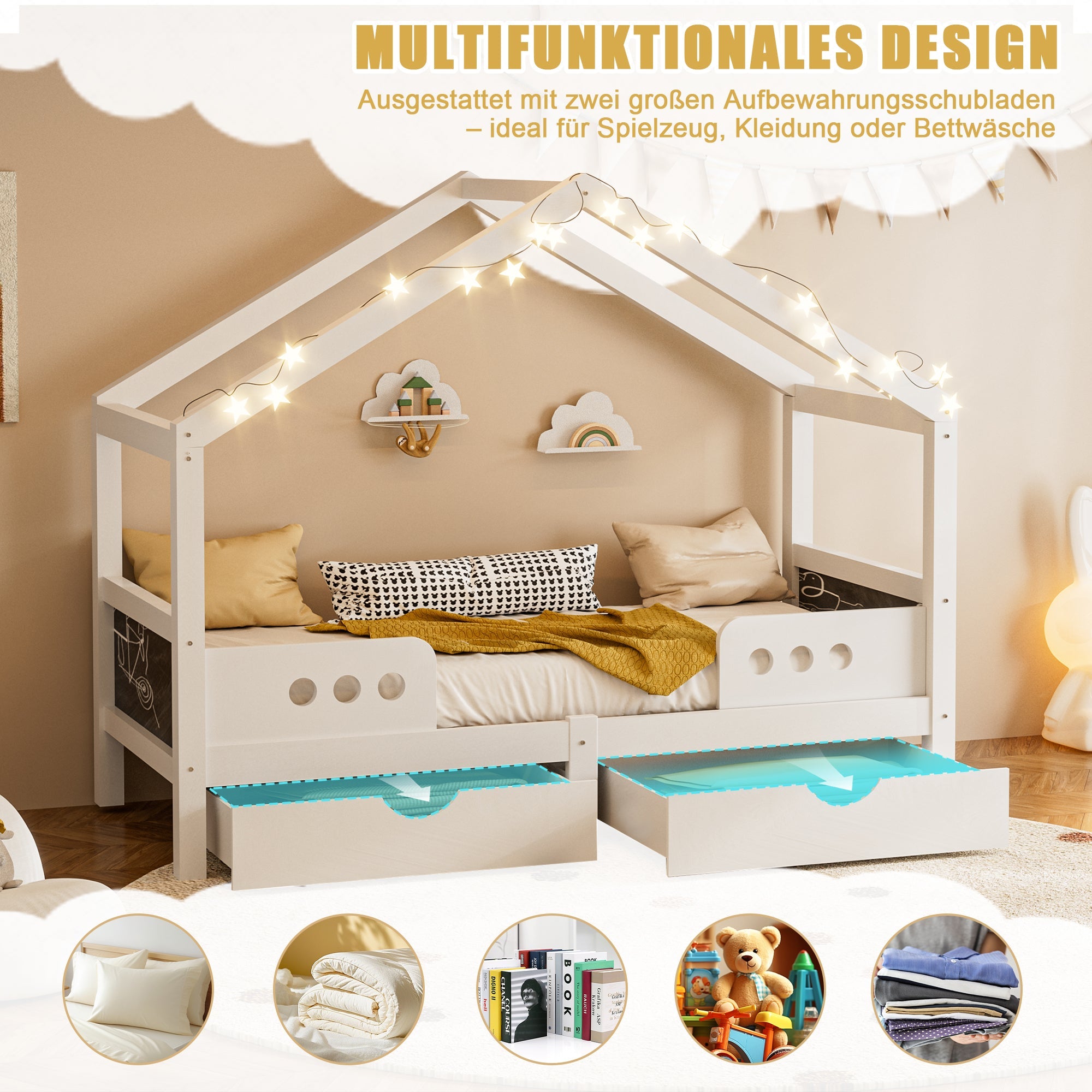 Logidon Kinderbed Met Dak Design Wit 90x200 cm Met Twee Lades