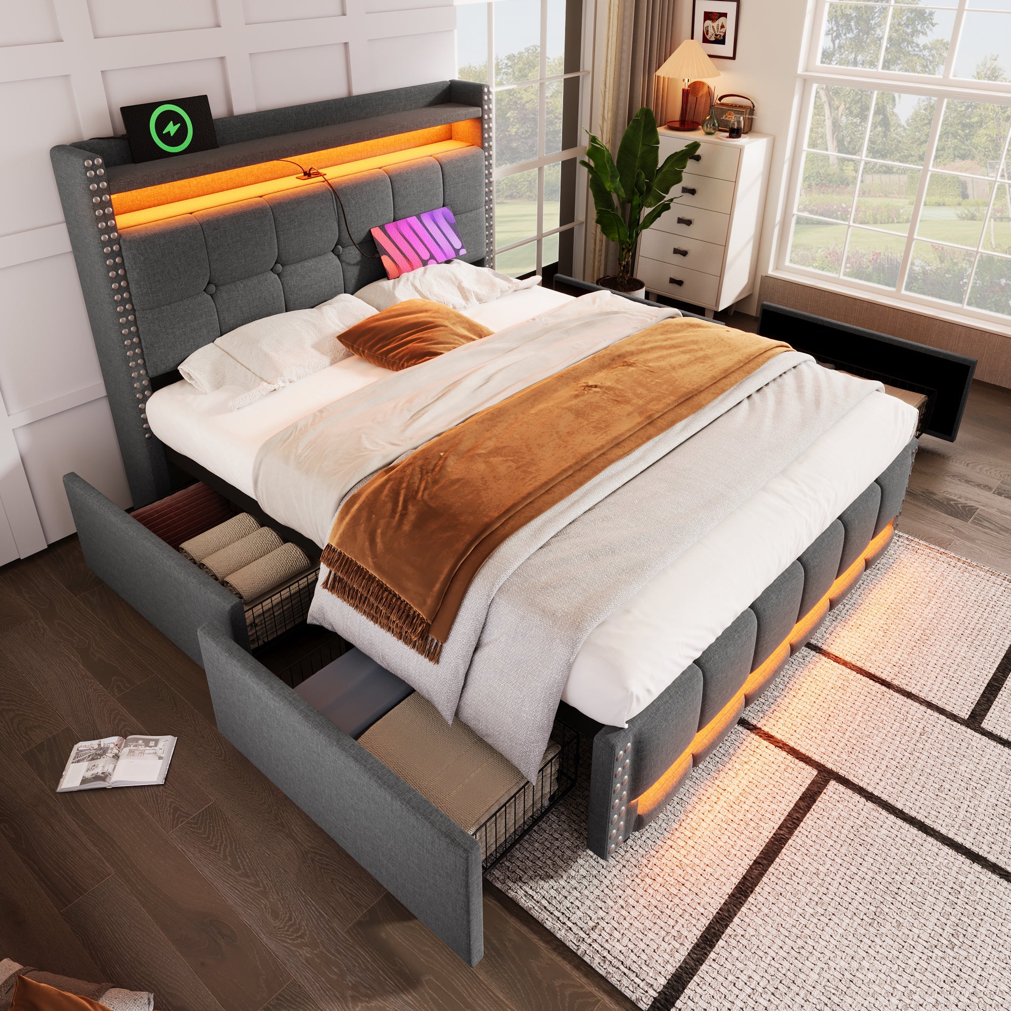 Logidon gestoffeerd bed 140x200 grijs met LED verlichting USB