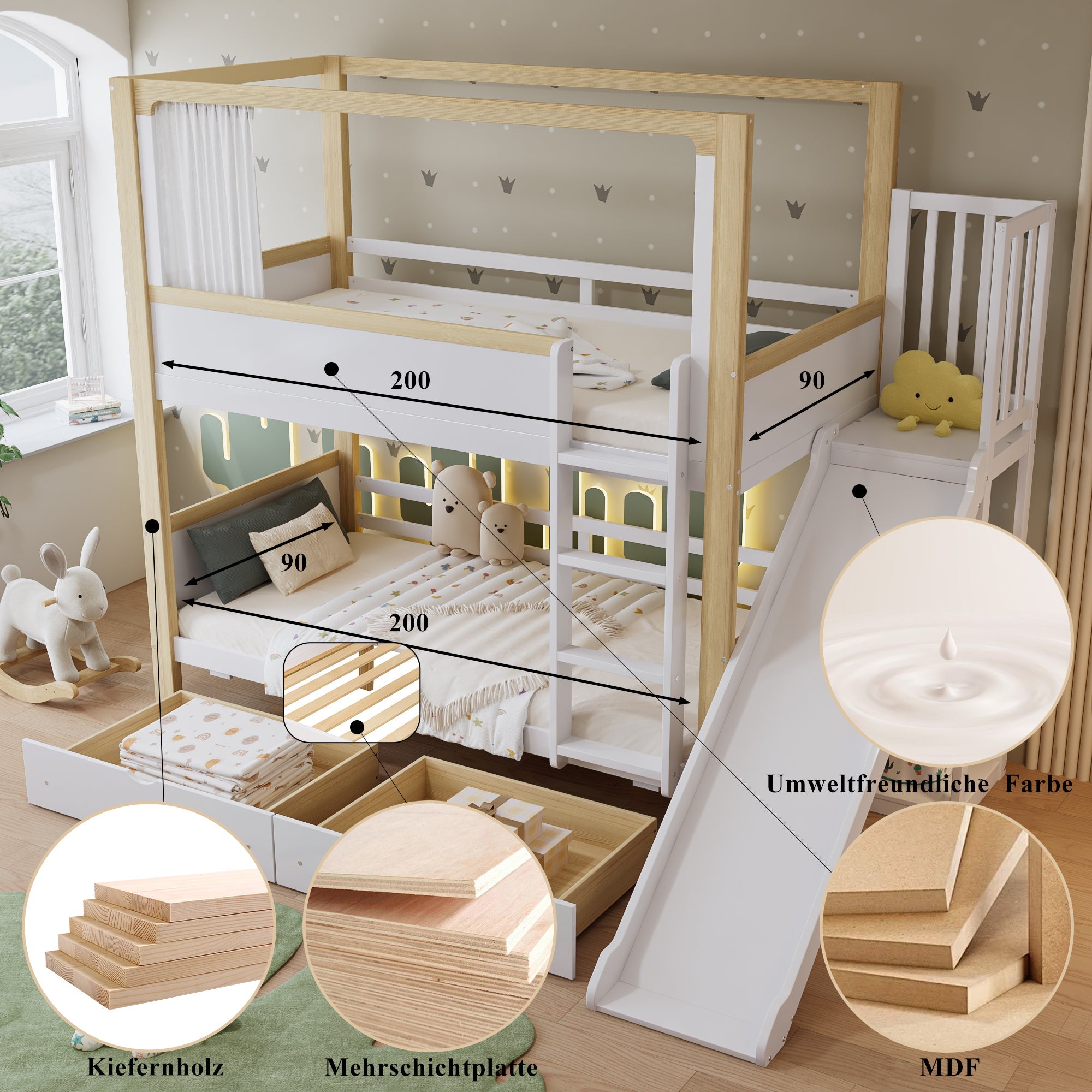 Logidon stapelbed 90x200 wit naturel met glijbaan en lades