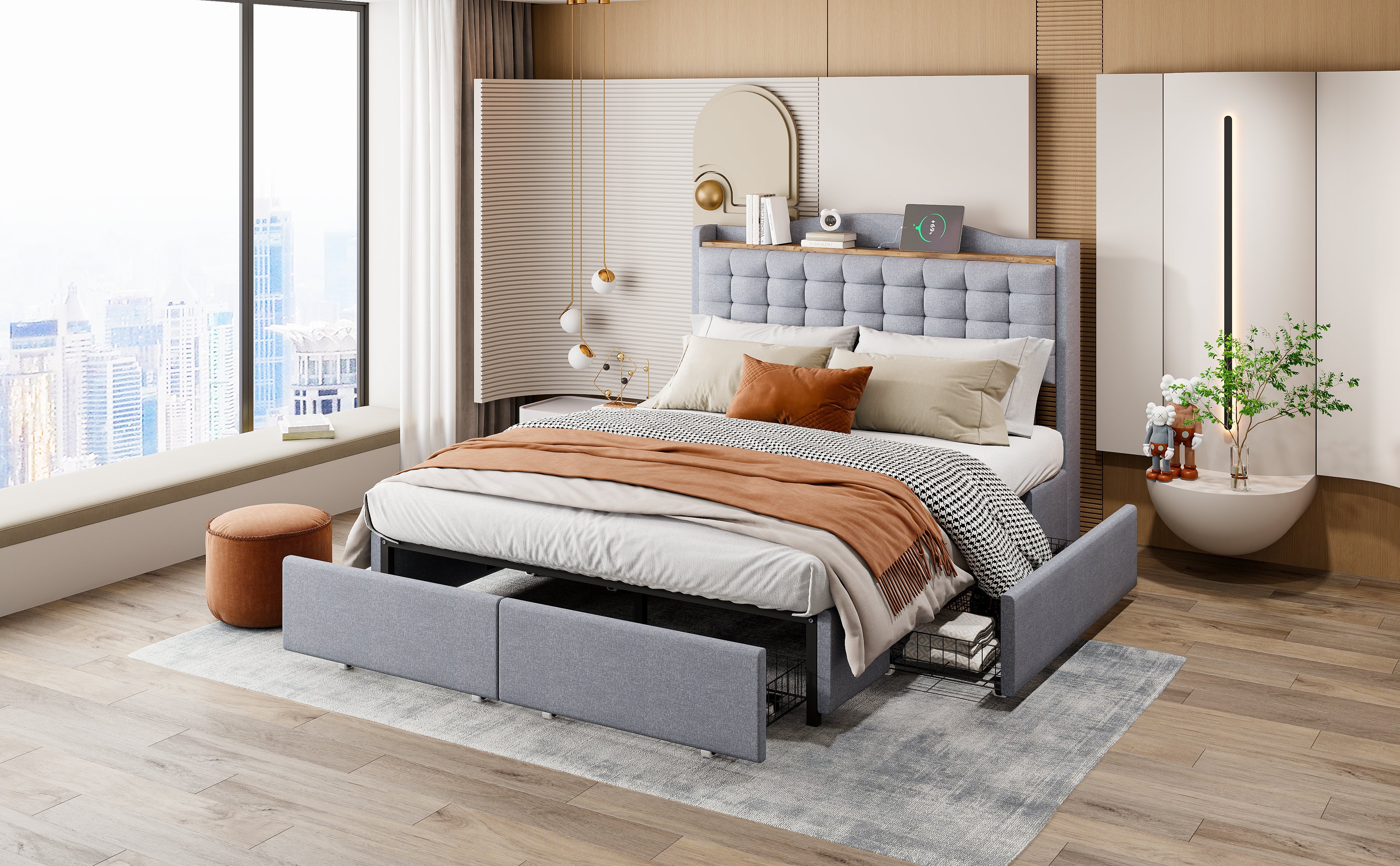 Logidon gestoffeerd bed 140x200 grijs linnen met USB-oplaadpoort