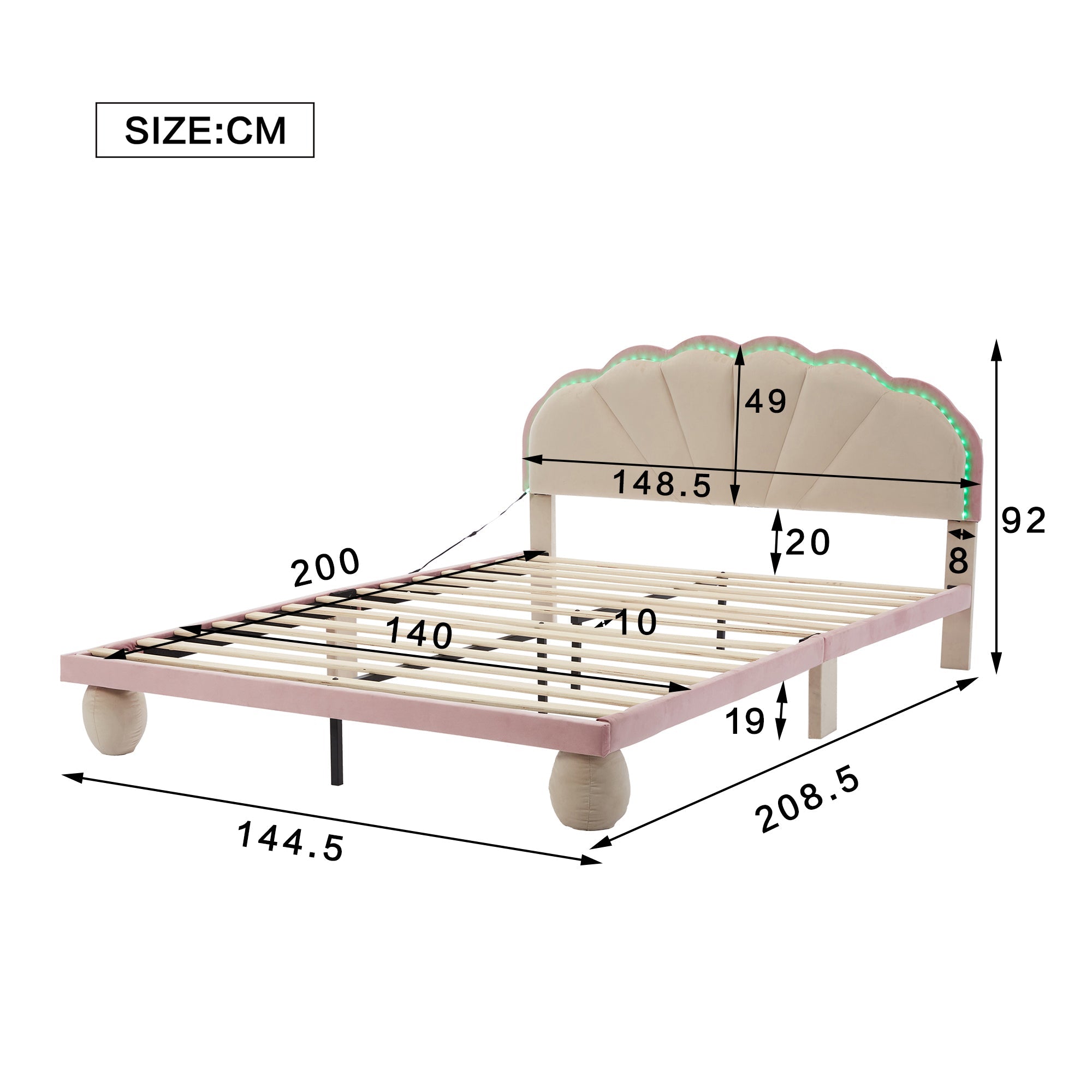 Logidon gestoffeerd bed 140x200 beige roze LED-lichtstrips