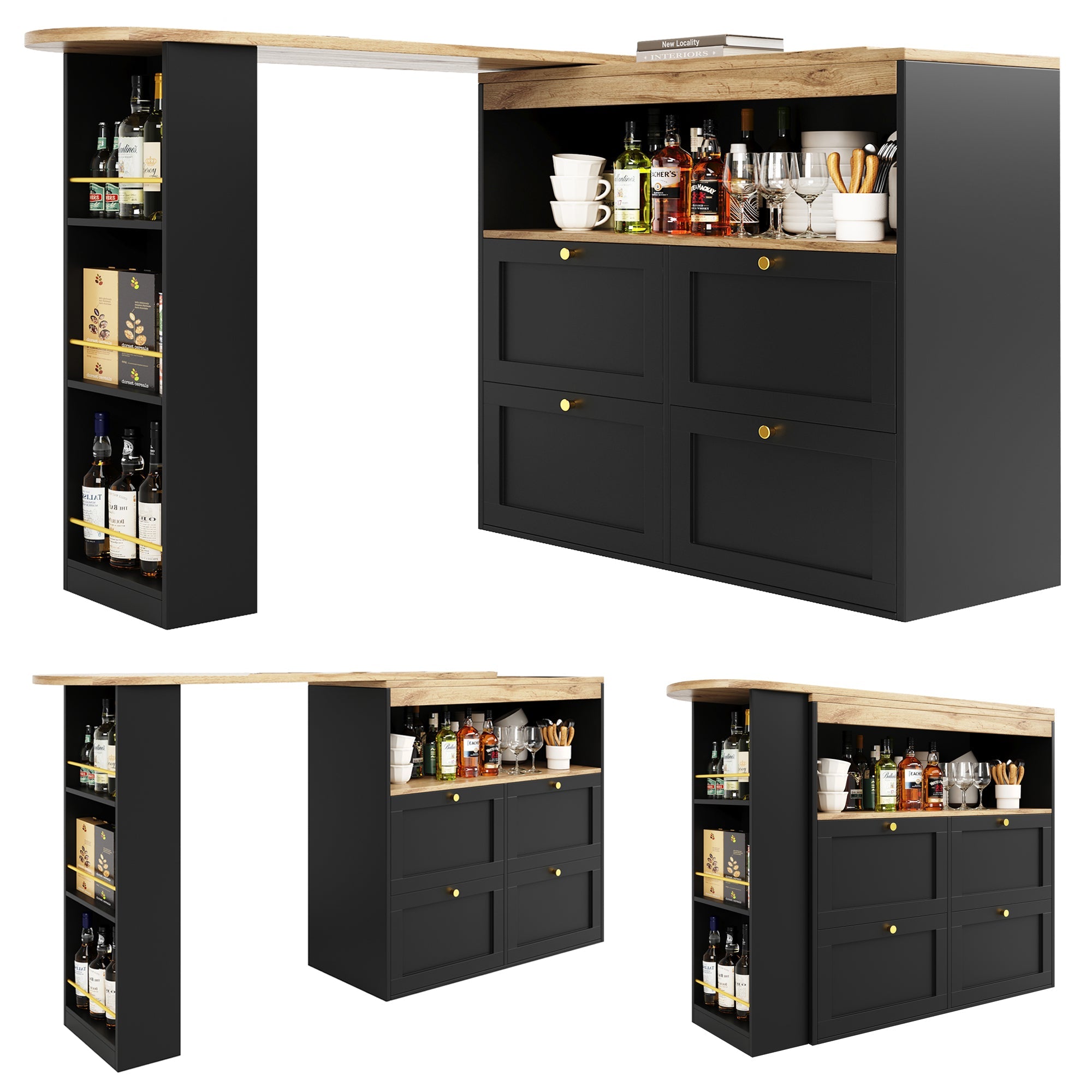 Logidon 360 graden draaibare eetbar zwart 138 cm - 4 lades