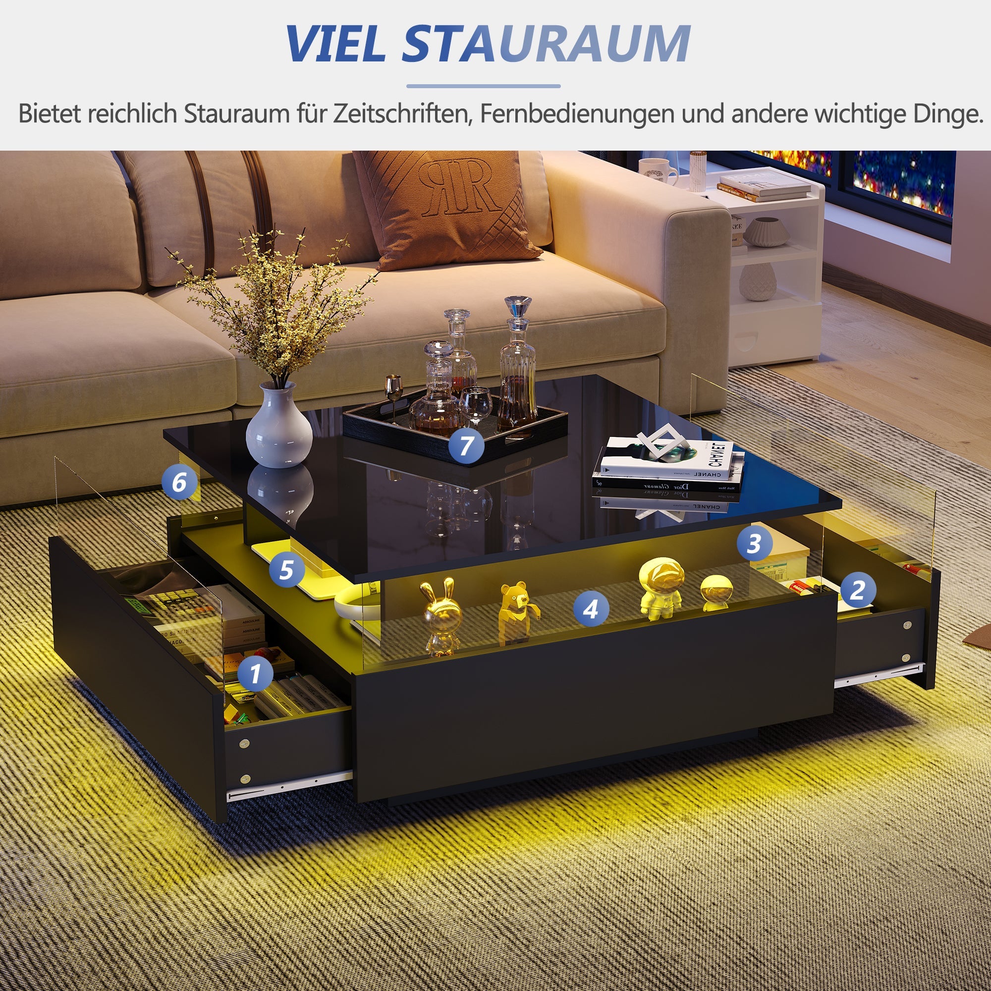 Logidon hoogglans LED salontafel 90x55x45 cm zwart 2 lades