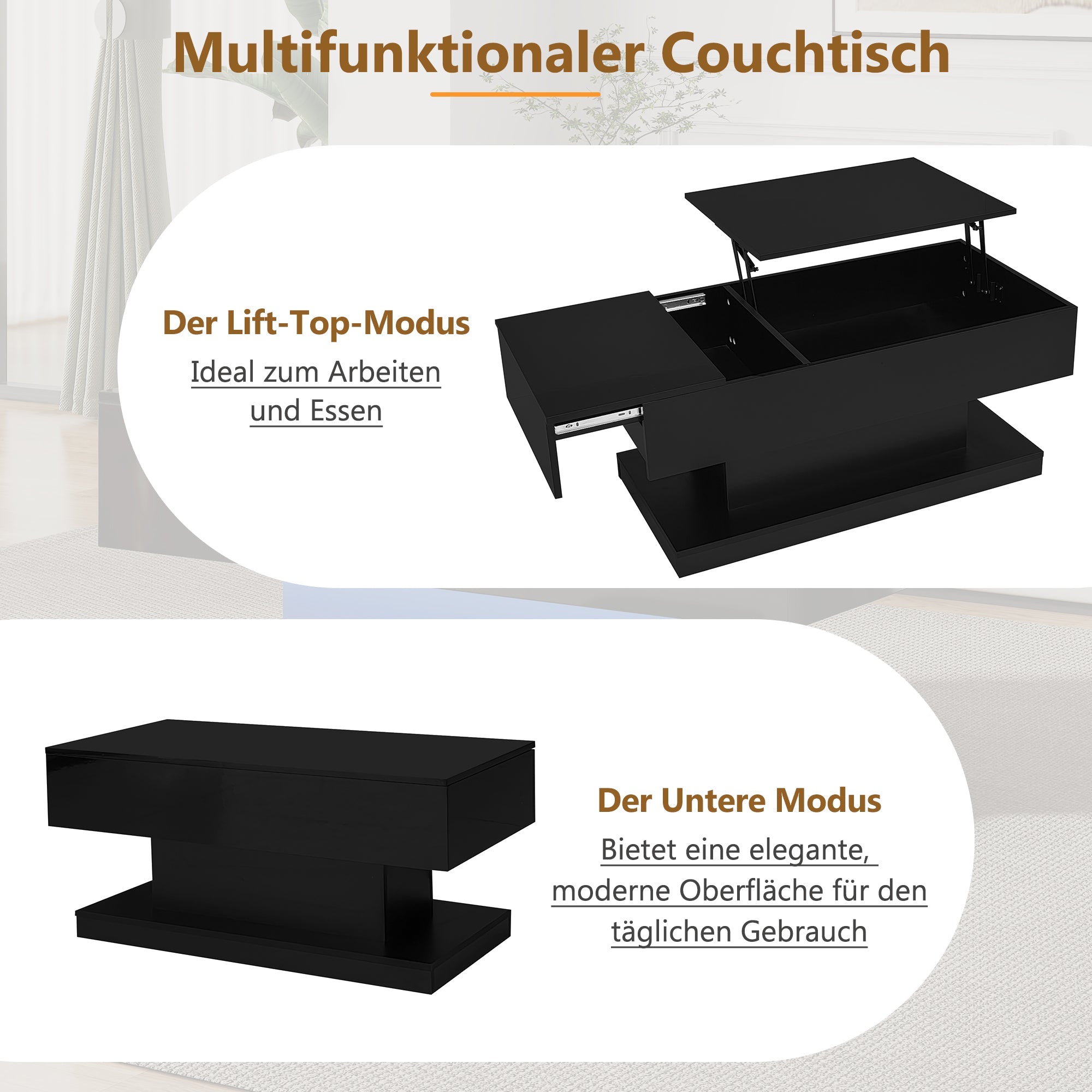 Logidon hoogglans liftsalontafel zwart 100x50x45 cm LED-verlichting