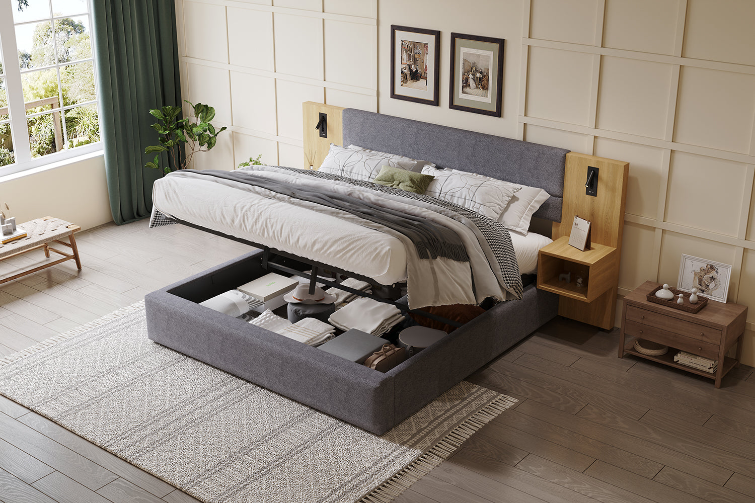 Logidon gestoffeerd bed 160x200 cm fluweelgrijs USB-oplaadfunctie opbergruimte