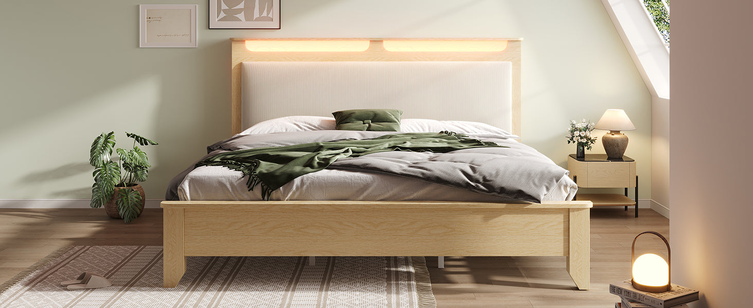 Logidon tweepersoonsbed 160x200 cm met opbergruimte en LED-verlichting beige