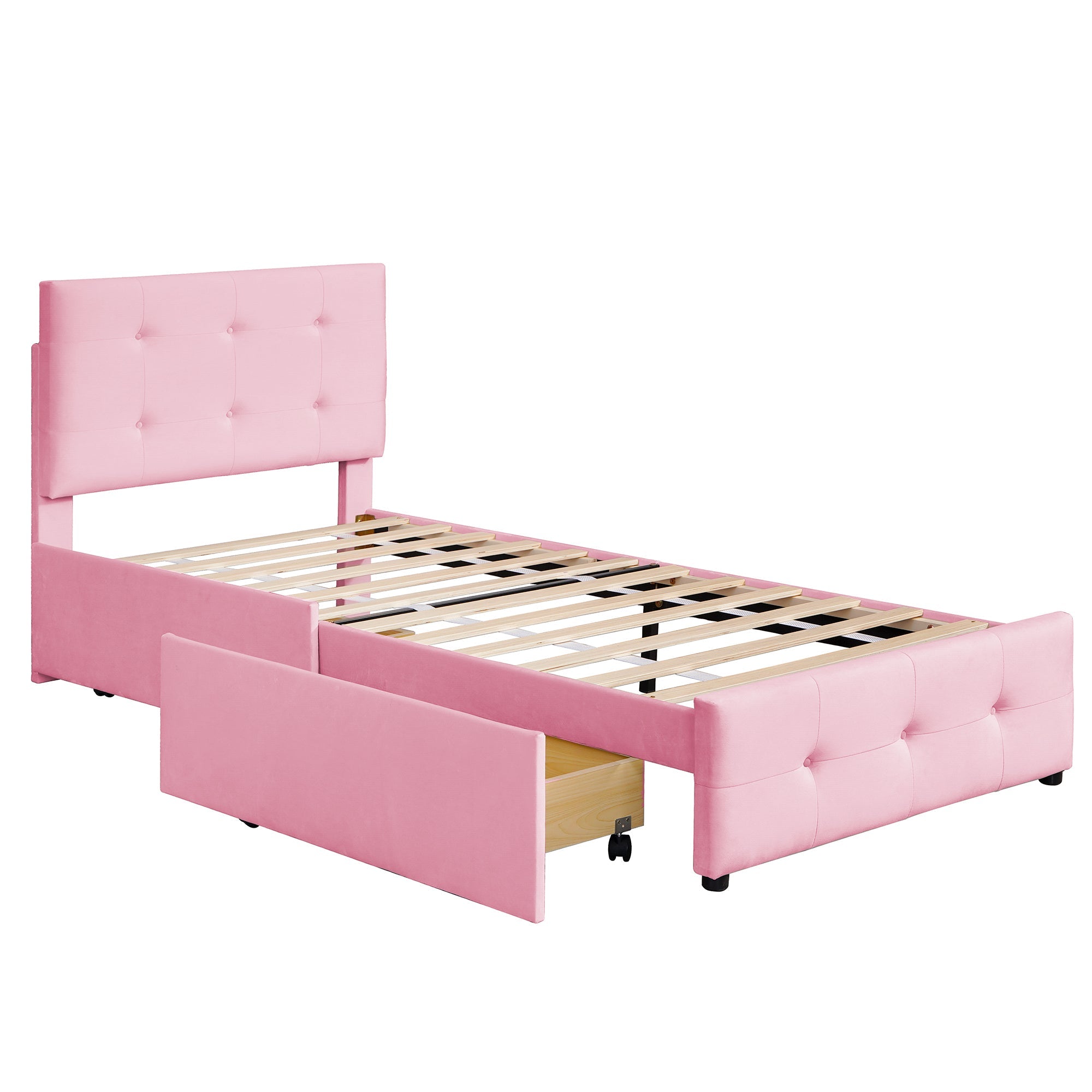 Logidon gestoffeerd bed 90x200 roze fluweel met lattenbodem twee lades