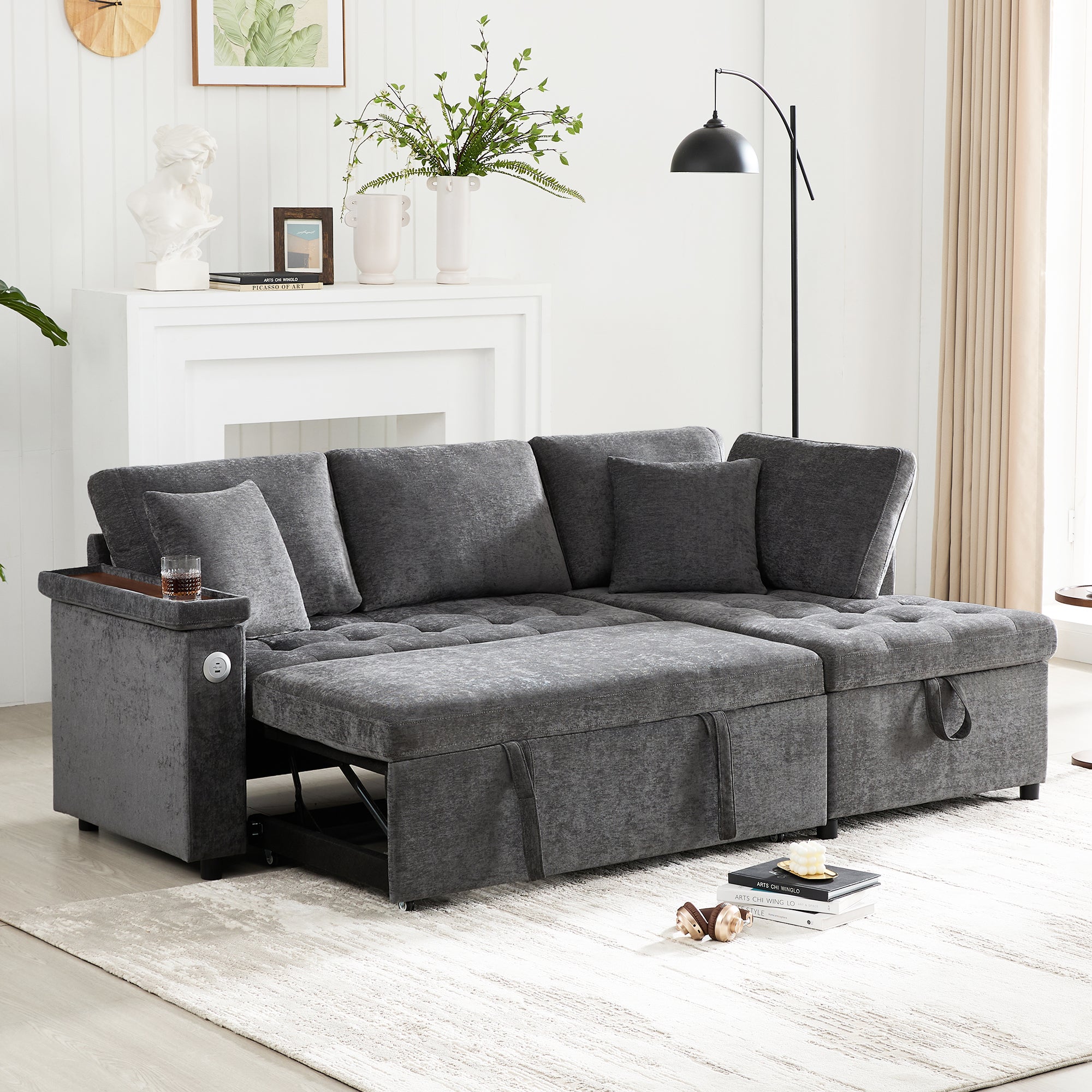 Logidon L-vorm slaapbank grijs fluweel chenille 209x130 cm opbergruimte