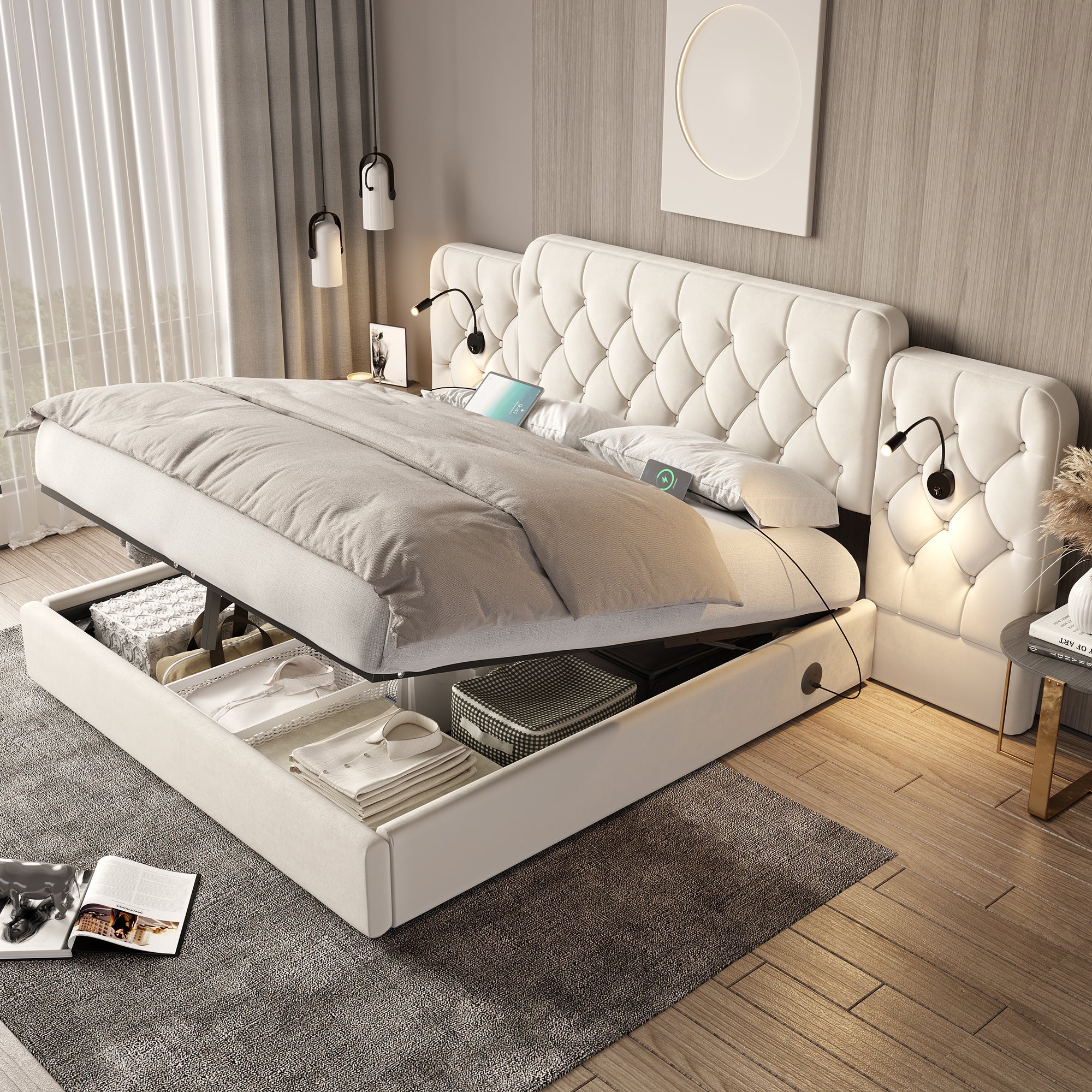 Logidon bedframe beige fluweel met lang hoofdeinde en USB-poorten