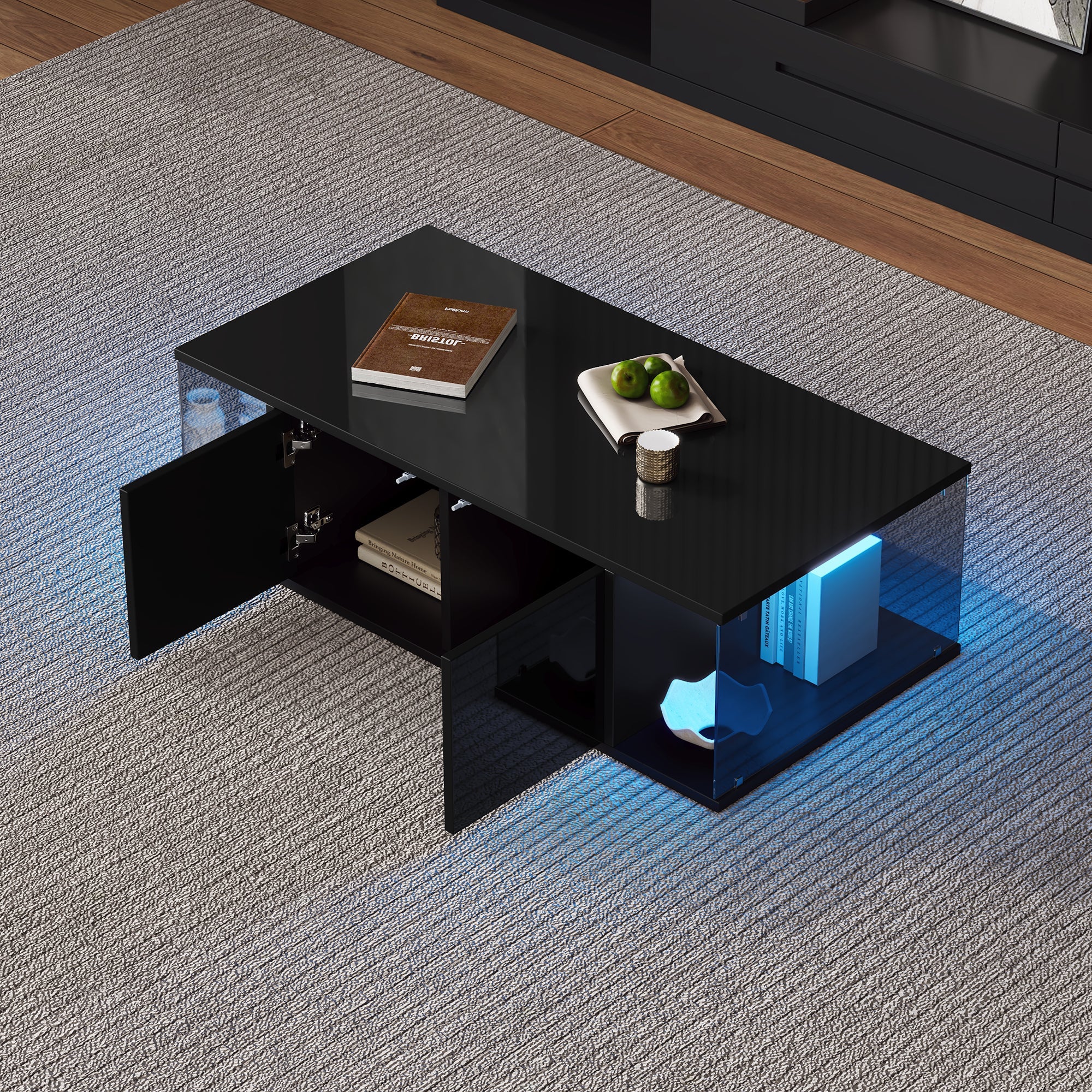 Logidon salontafel 100x50x30 cm zwart hoogglans LED 2 kasten