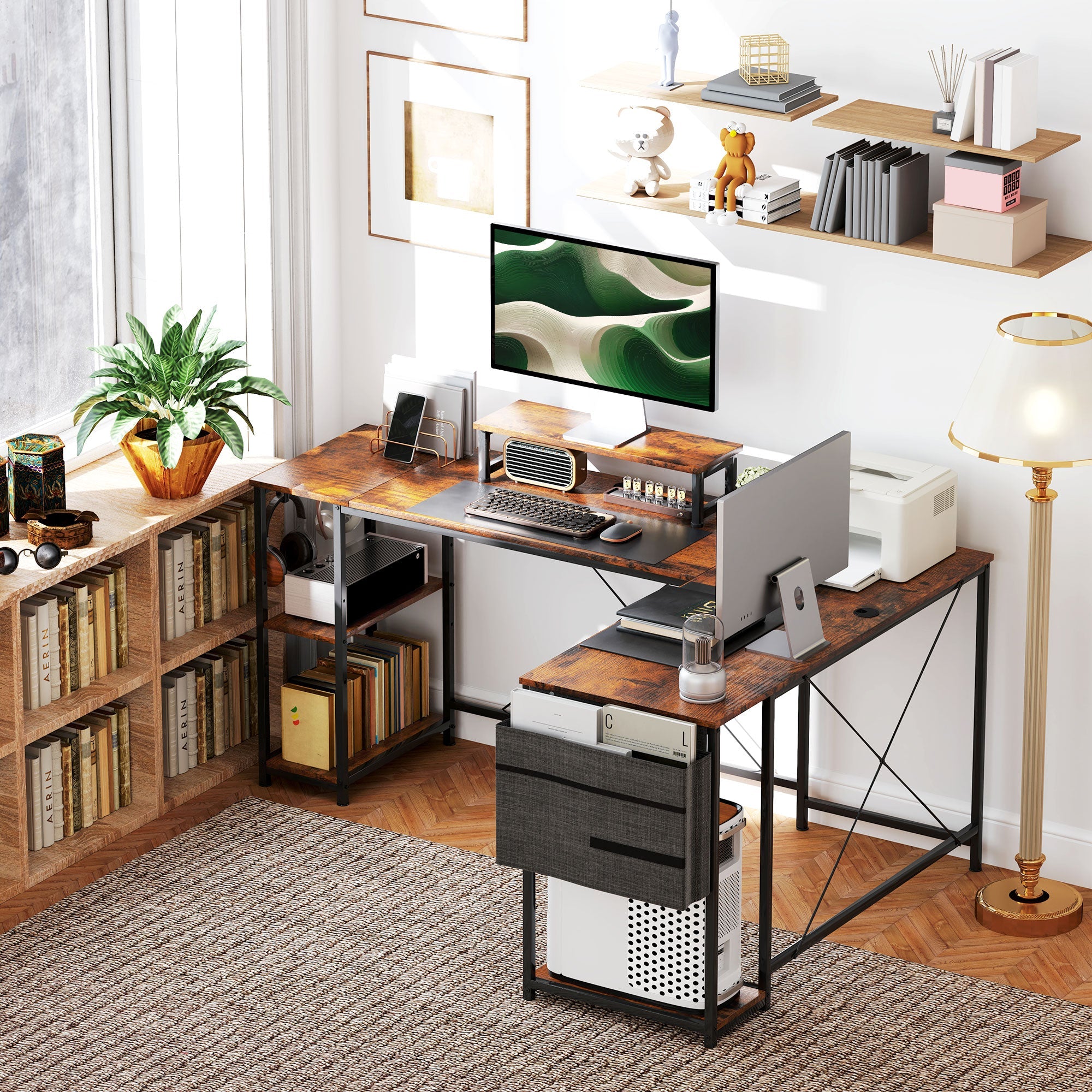 Logidon L-vormig bureau 168x120 cm rustiek bruine monitorstandaard