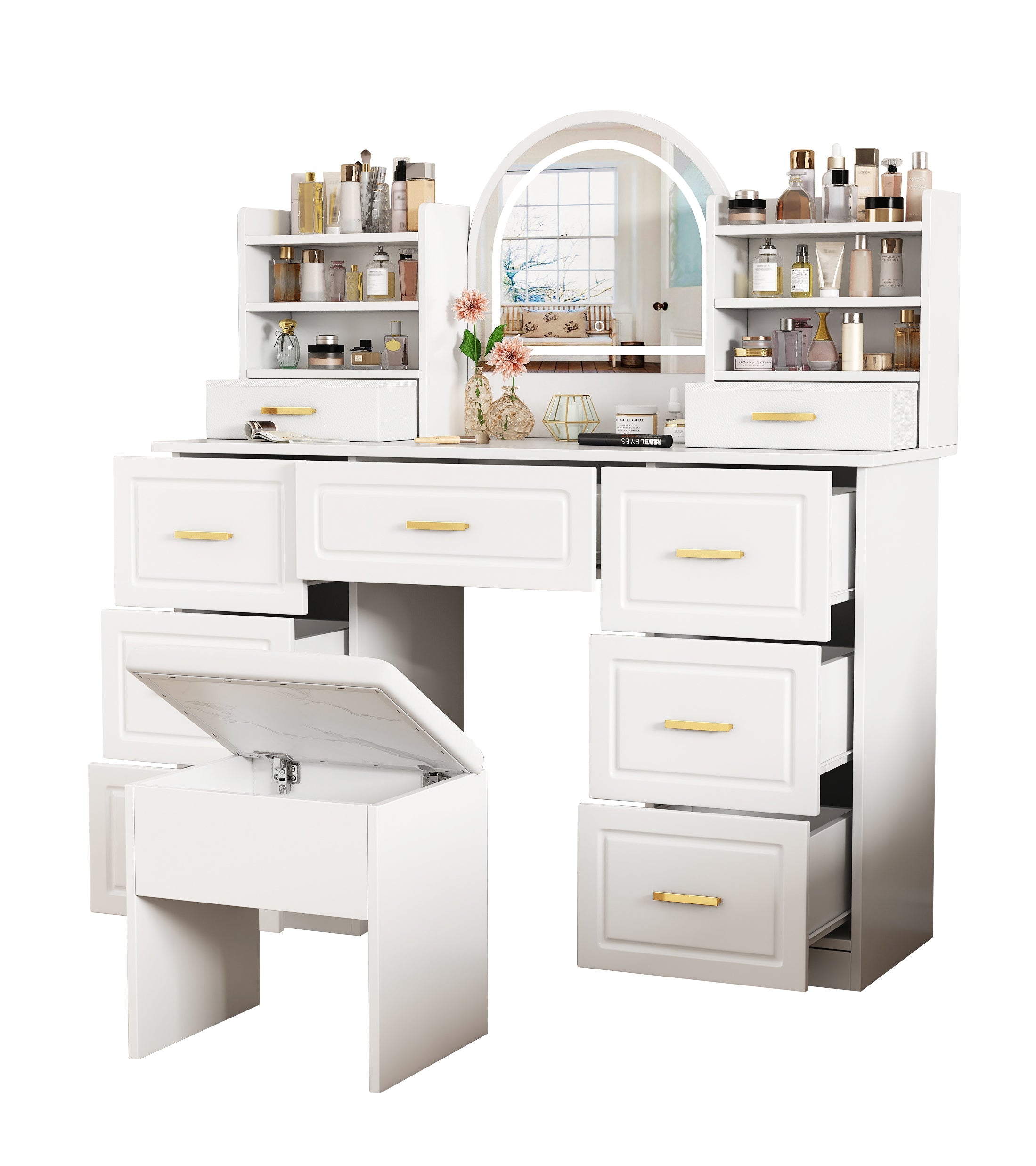 Logidon kaptafel met spiegel en LED-verlichting 9 lades wit 120x40x135