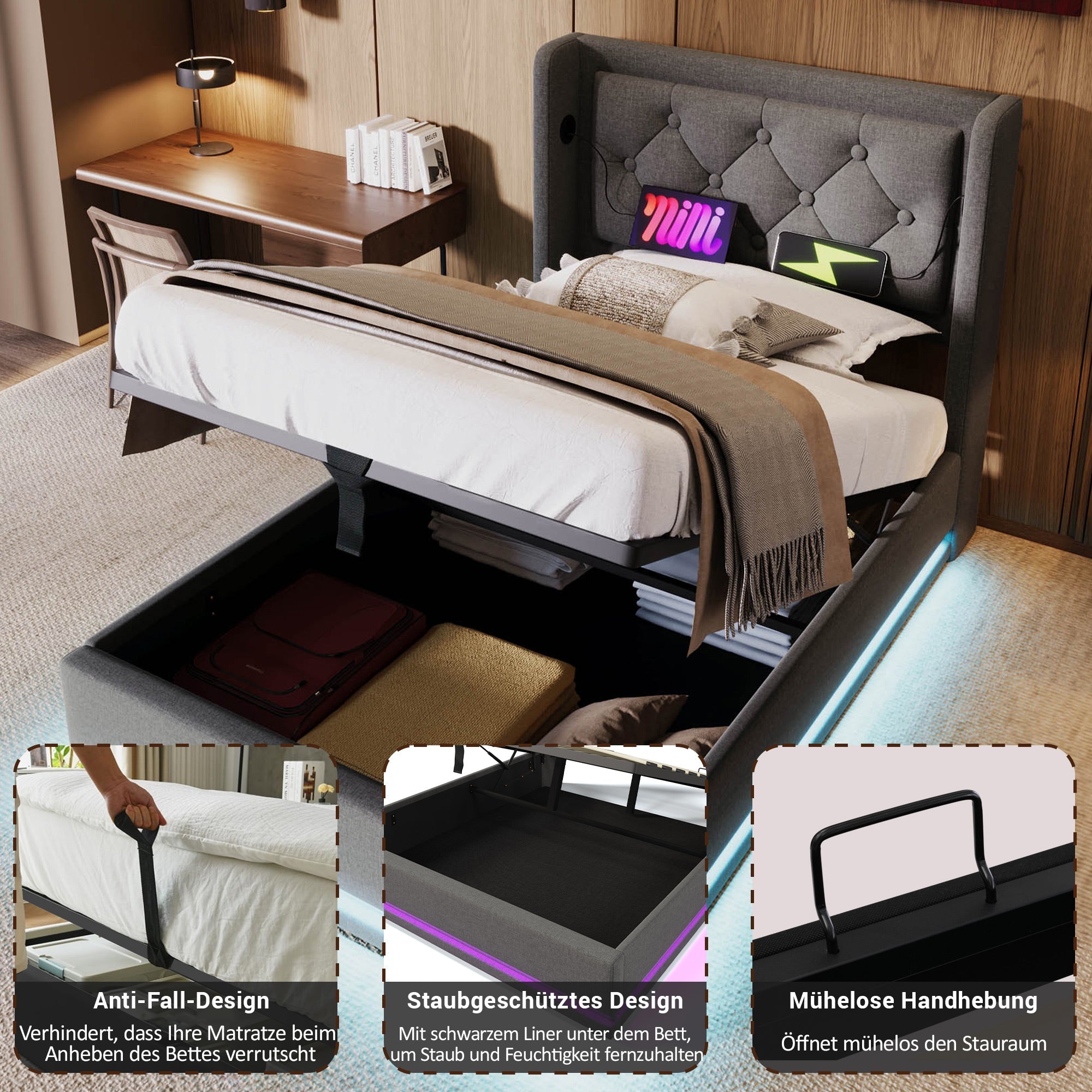 Logidon gestoffeerd bed 90x200 cm grijs met opbergruimte USB C oplaadfunctie LED