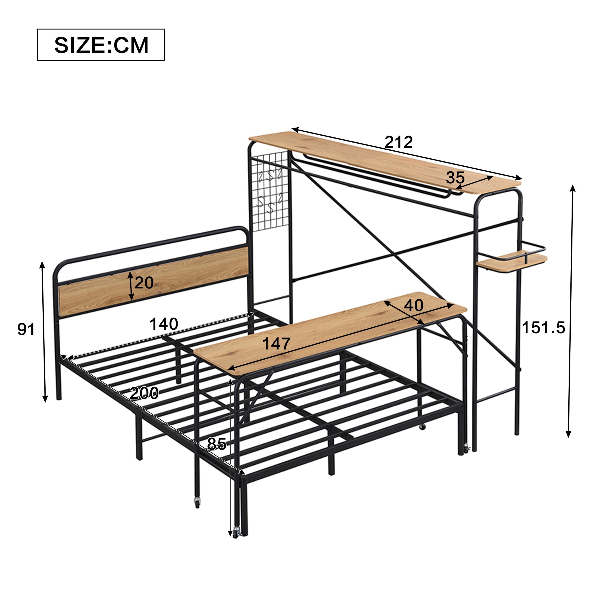 Logidon metalen bed 140x200 met tafelkapstok zwart naturel